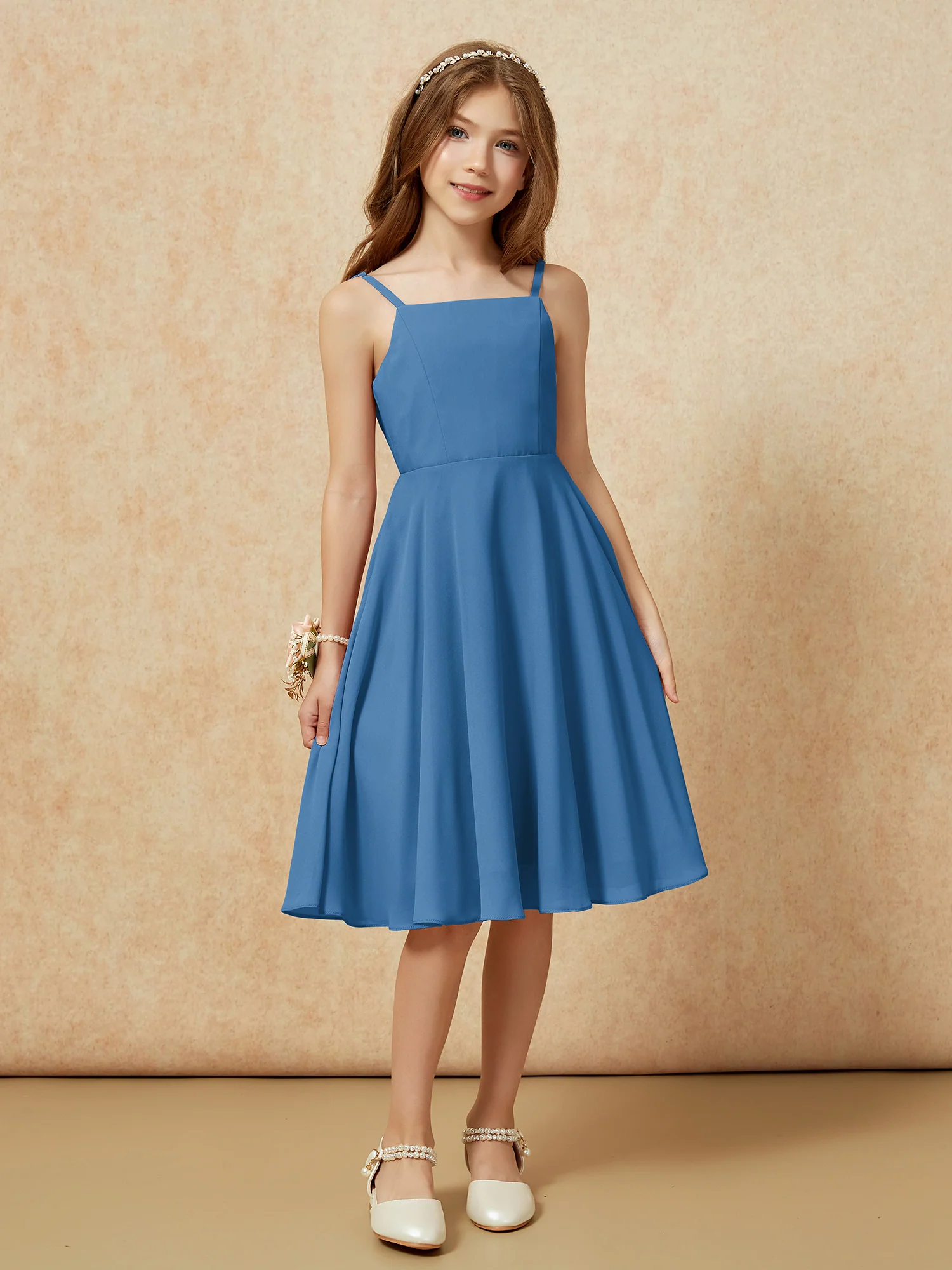 Square Neck Knee-length Junior Bridesmaid Dresses Ink Blue - Image 6