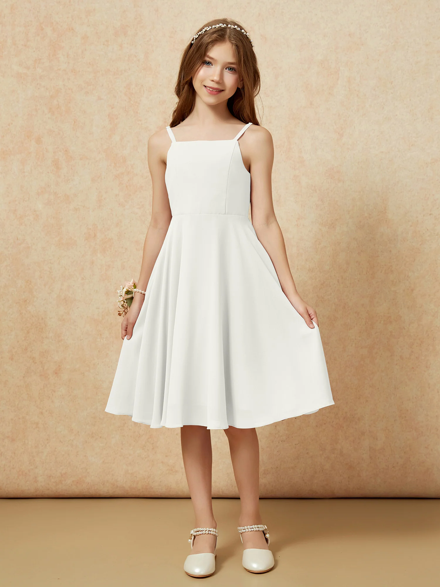 Square Neck Knee-length Junior Bridesmaid Dresses Ivory - Image 3