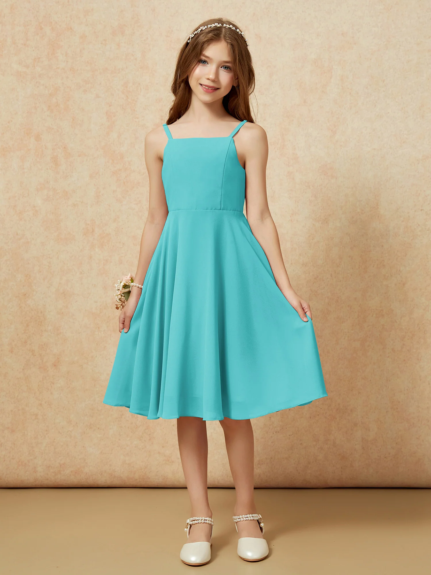 Square Neck Knee-length Junior Bridesmaid Dresses Jade - Image 3