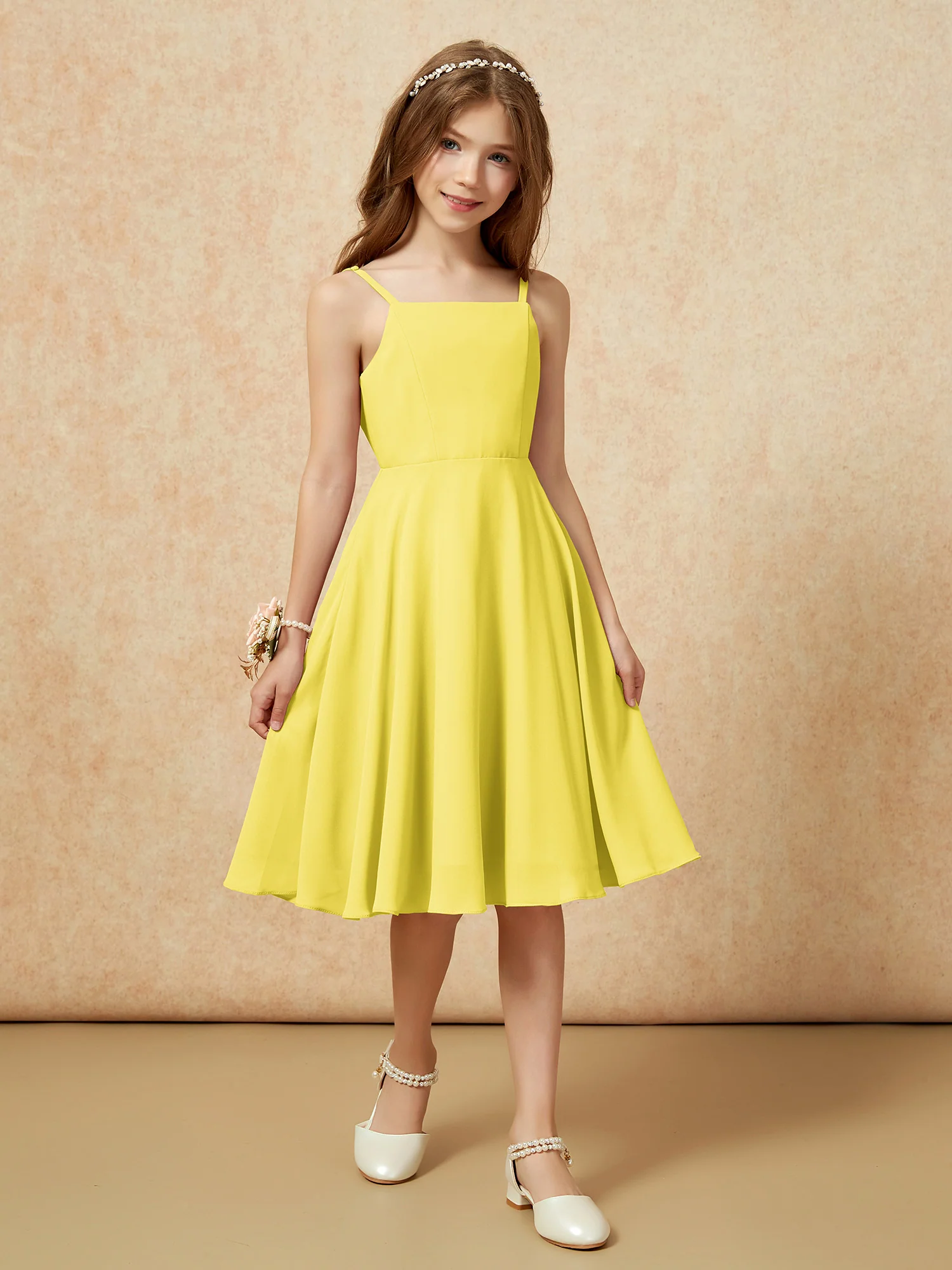 Square Neck Knee-length Junior Bridesmaid Dresses Lemon