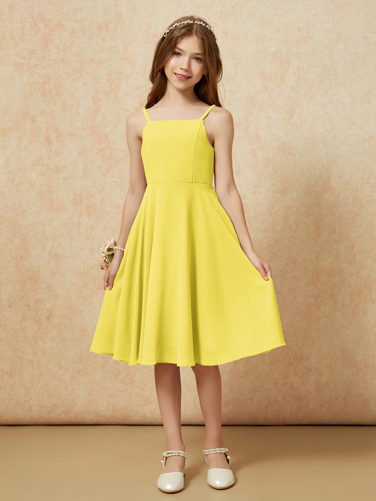 Square Neck Knee-length Junior Bridesmaid Dresses Lemon - Image 3