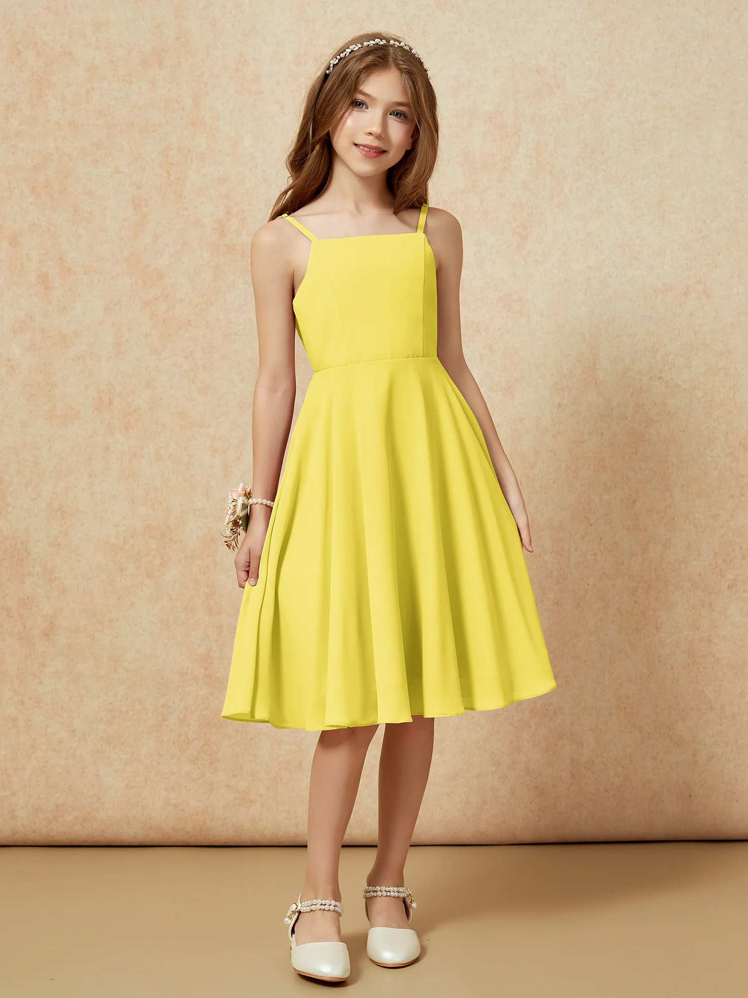 Square Neck Knee-length Junior Bridesmaid Dresses Lemon - Image 6