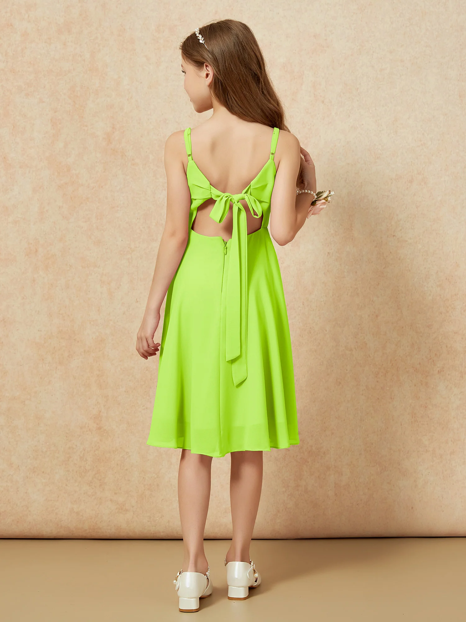 Square Neck Knee-length Junior Bridesmaid Dresses Lime Green - Image 2