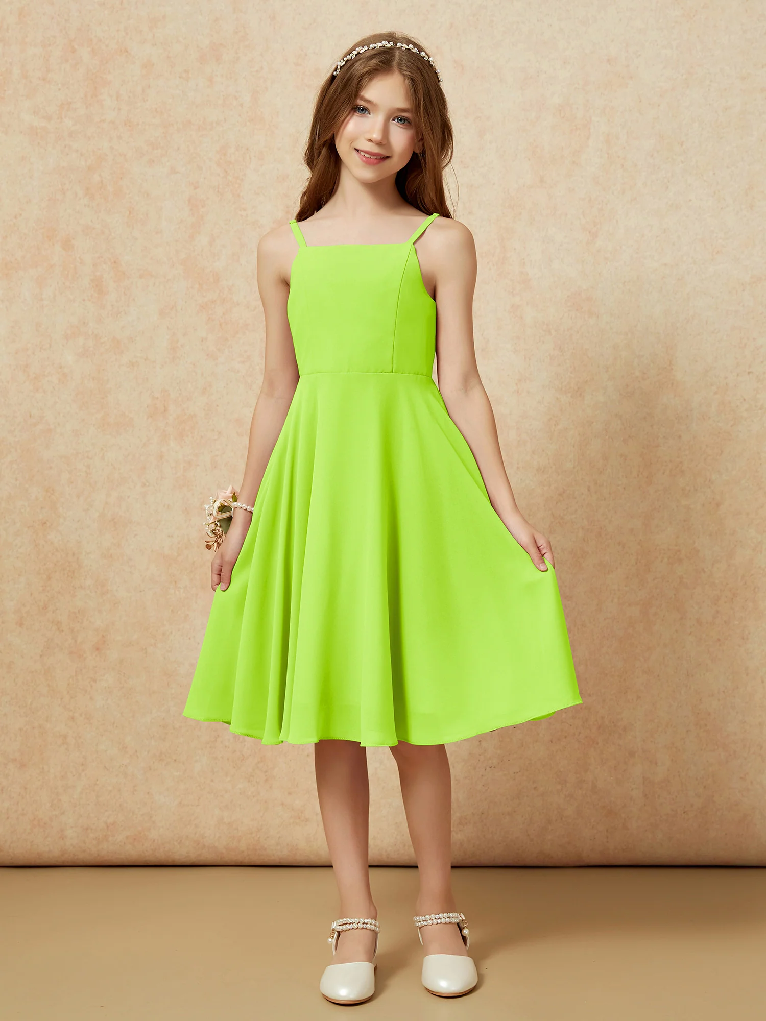 Square Neck Knee-length Junior Bridesmaid Dresses Lime Green - Image 3