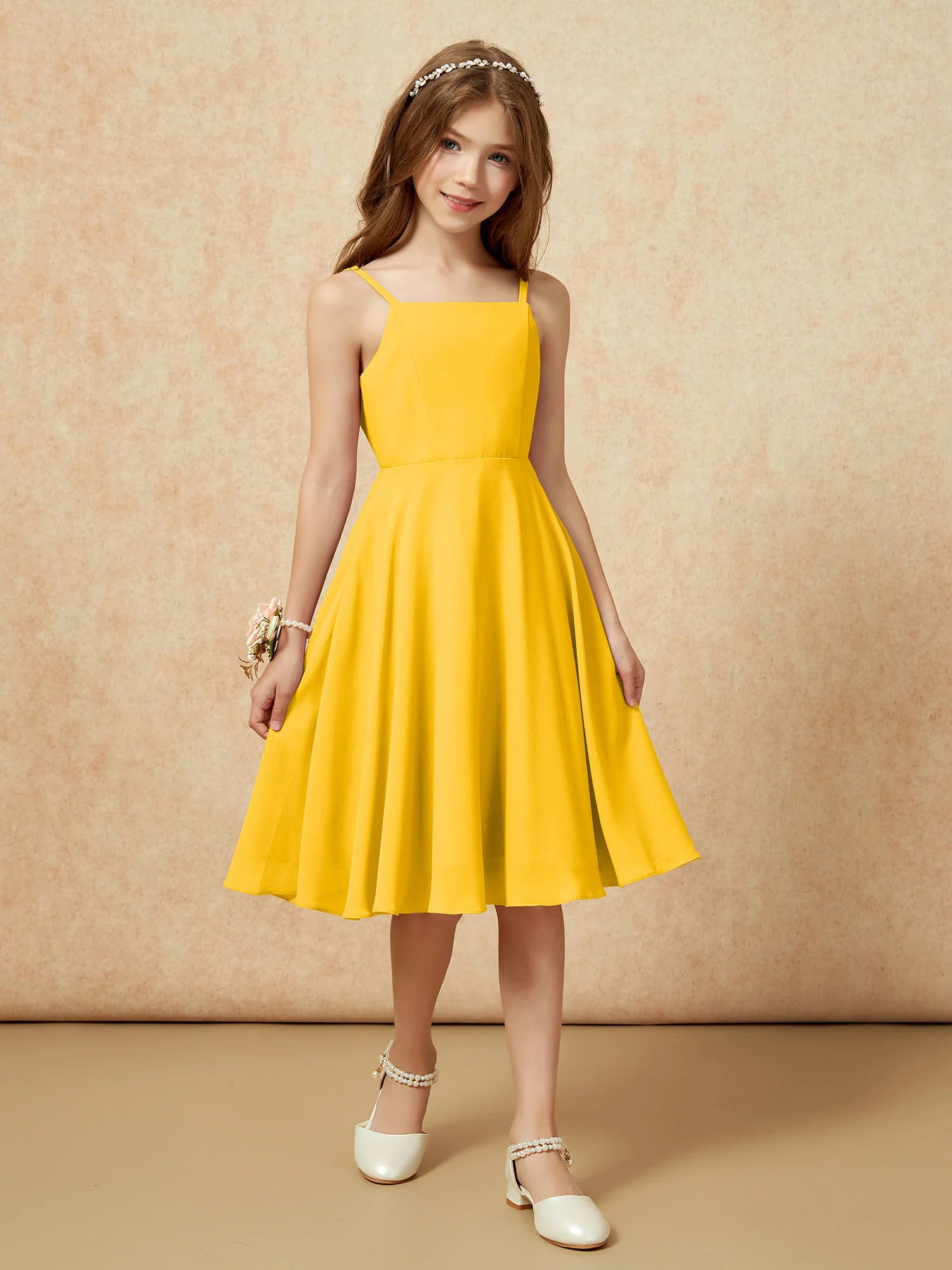 Square Neck Knee-length Junior Bridesmaid Dresses Marigold