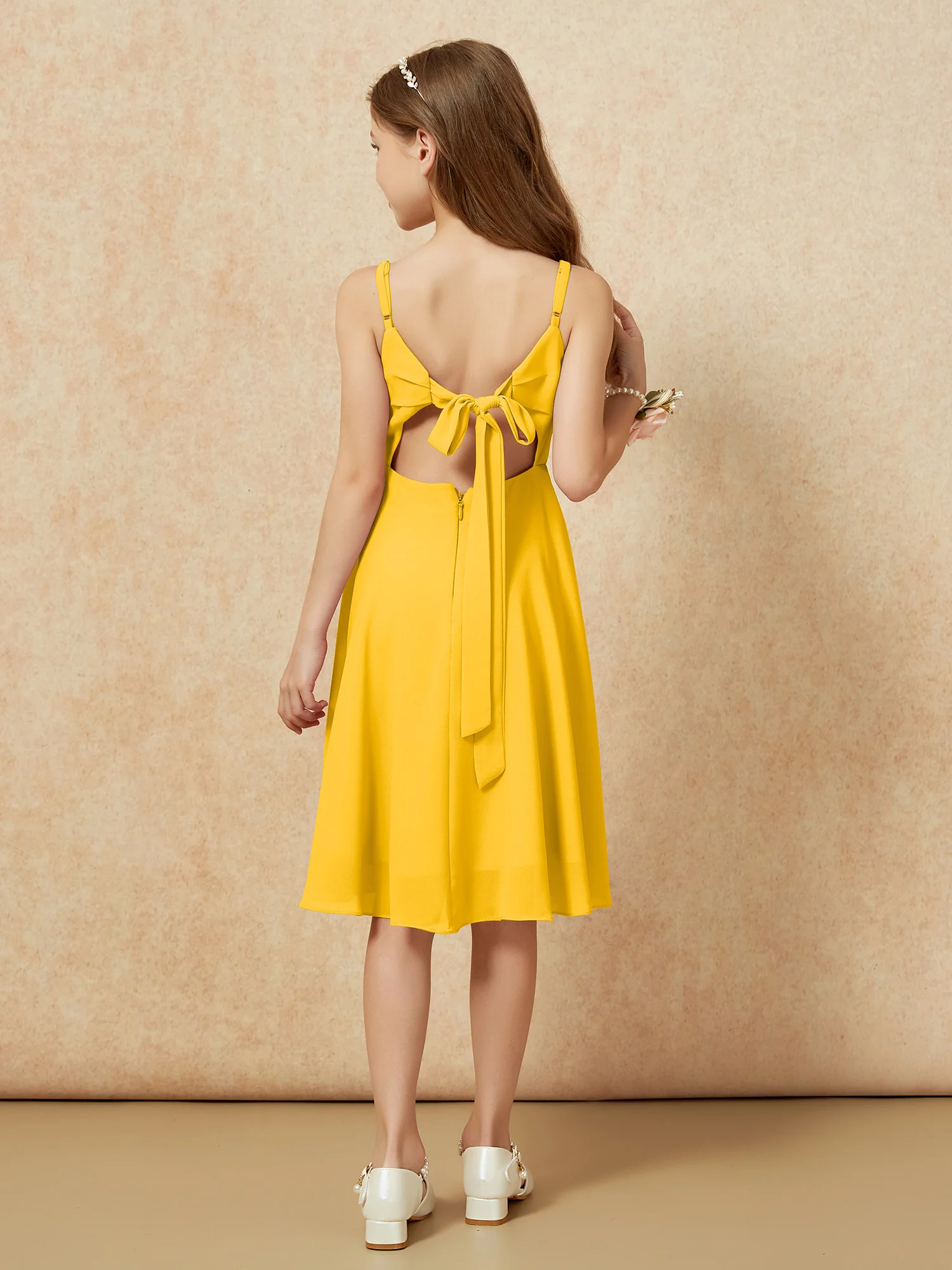 Square Neck Knee-length Junior Bridesmaid Dresses Marigold - Image 2