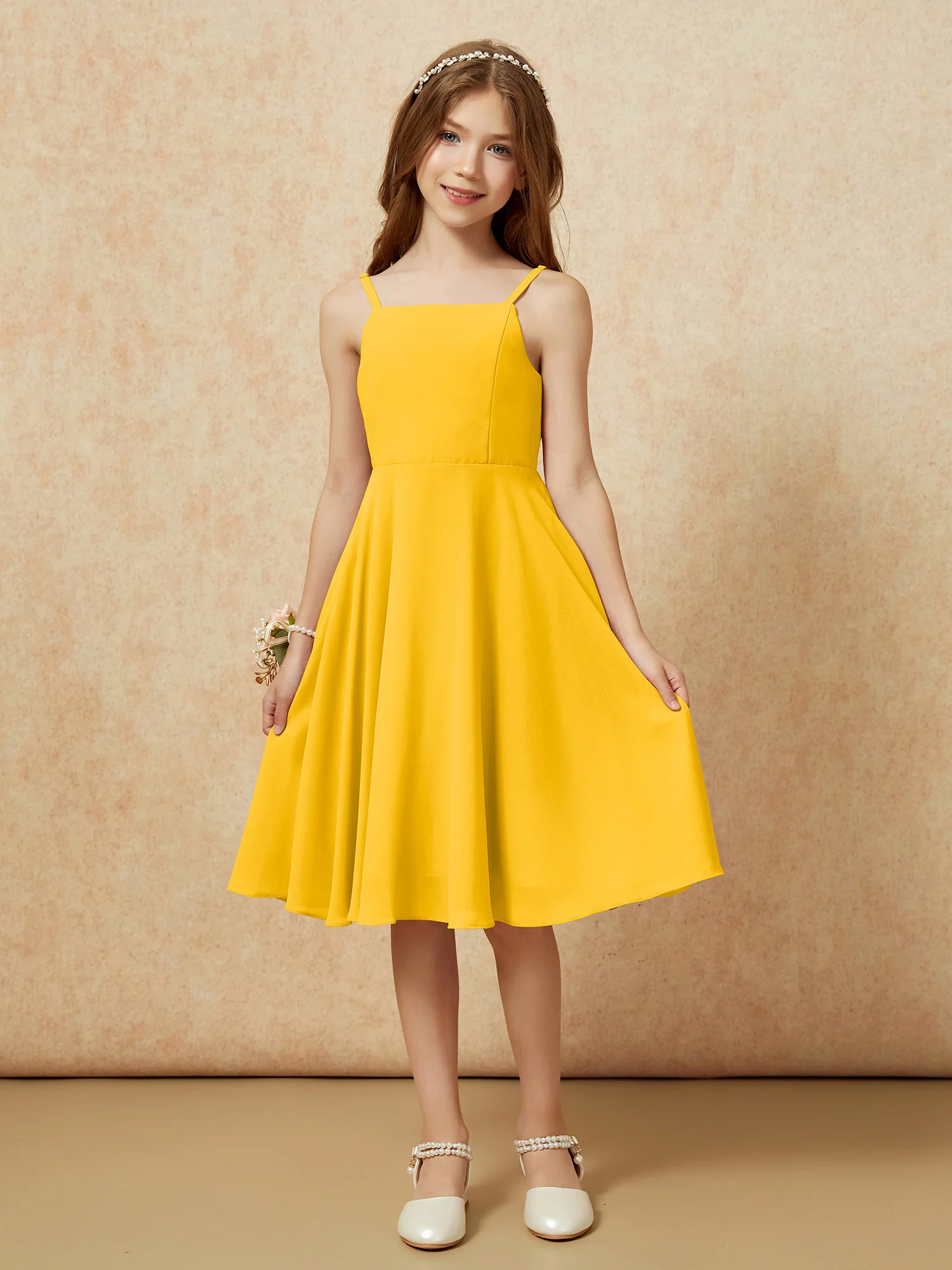 Square Neck Knee-length Junior Bridesmaid Dresses Marigold - Image 3