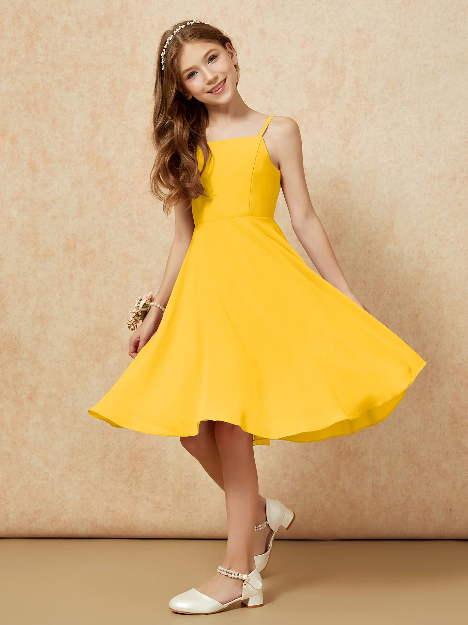 Square Neck Knee-length Junior Bridesmaid Dresses Marigold - Image 5