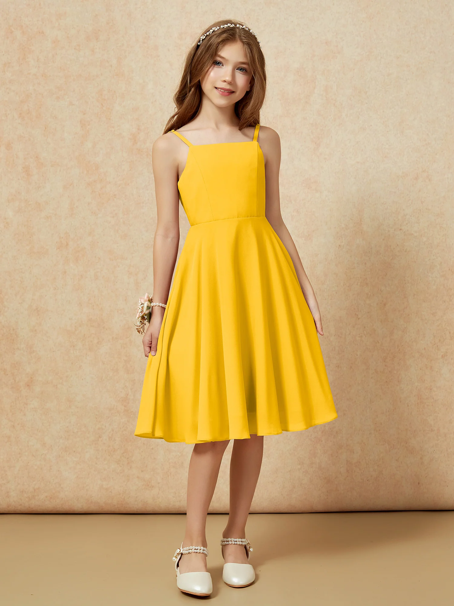 Square Neck Knee-length Junior Bridesmaid Dresses Marigold - Image 6