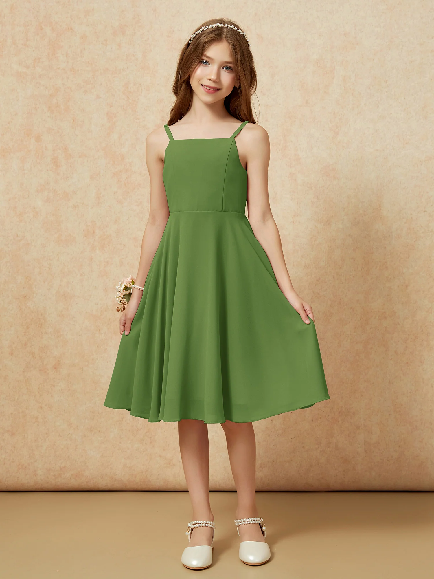 Square Neck Knee-length Junior Bridesmaid Dresses Moss - Image 3