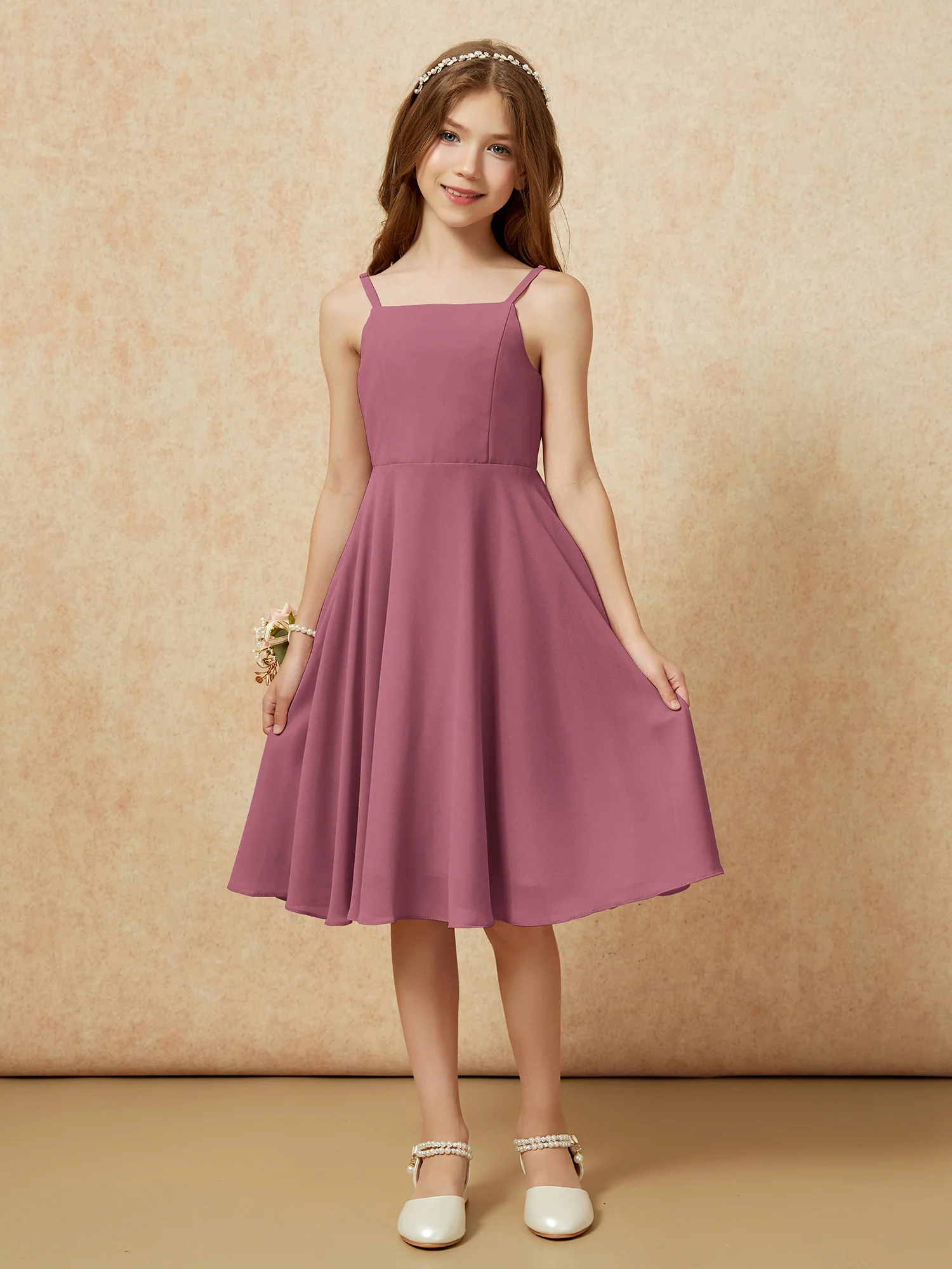 Square Neck Knee-length Junior Bridesmaid Dresses Mulberry - Image 3