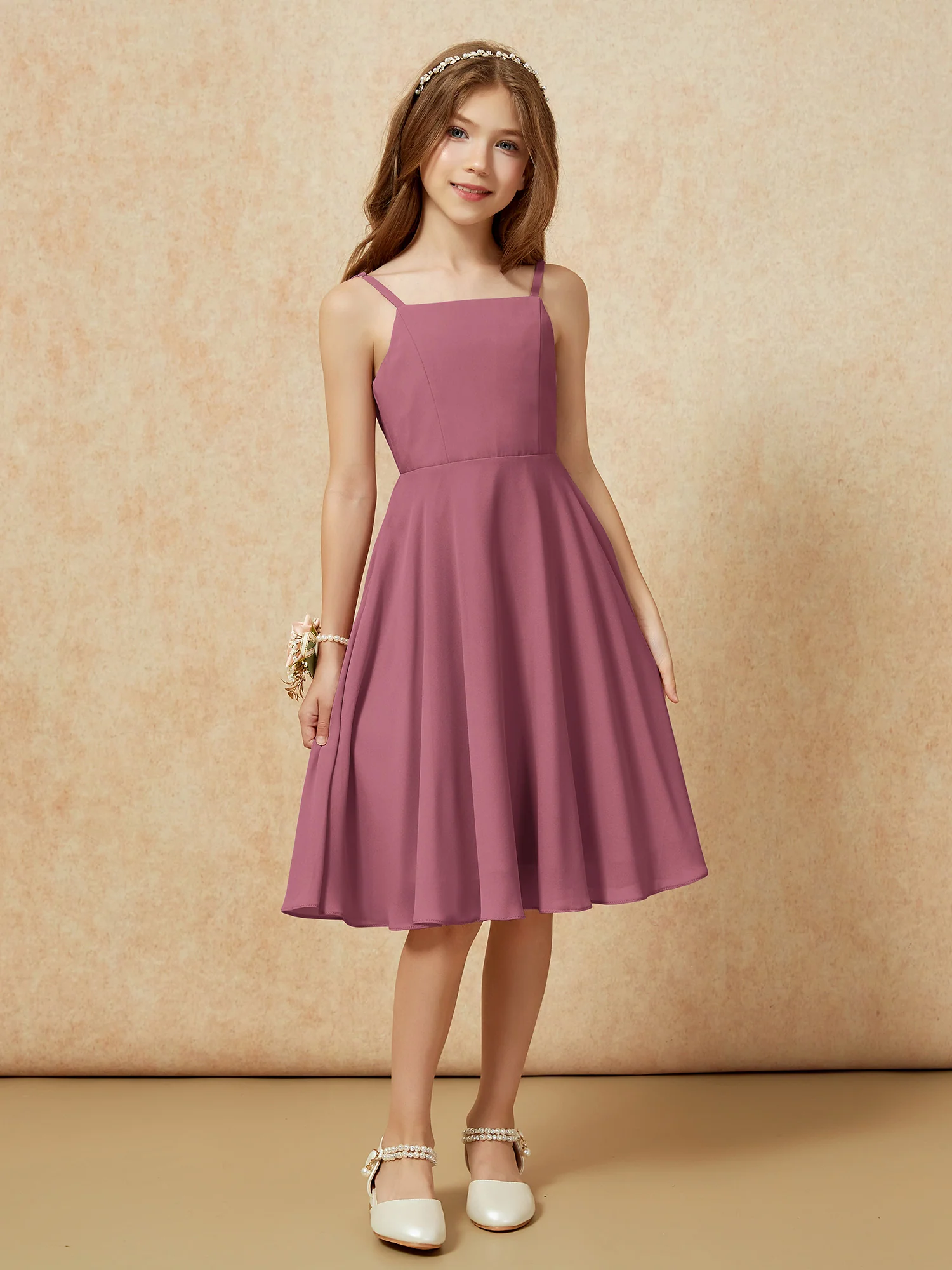 Square Neck Knee-length Junior Bridesmaid Dresses Mulberry - Image 6