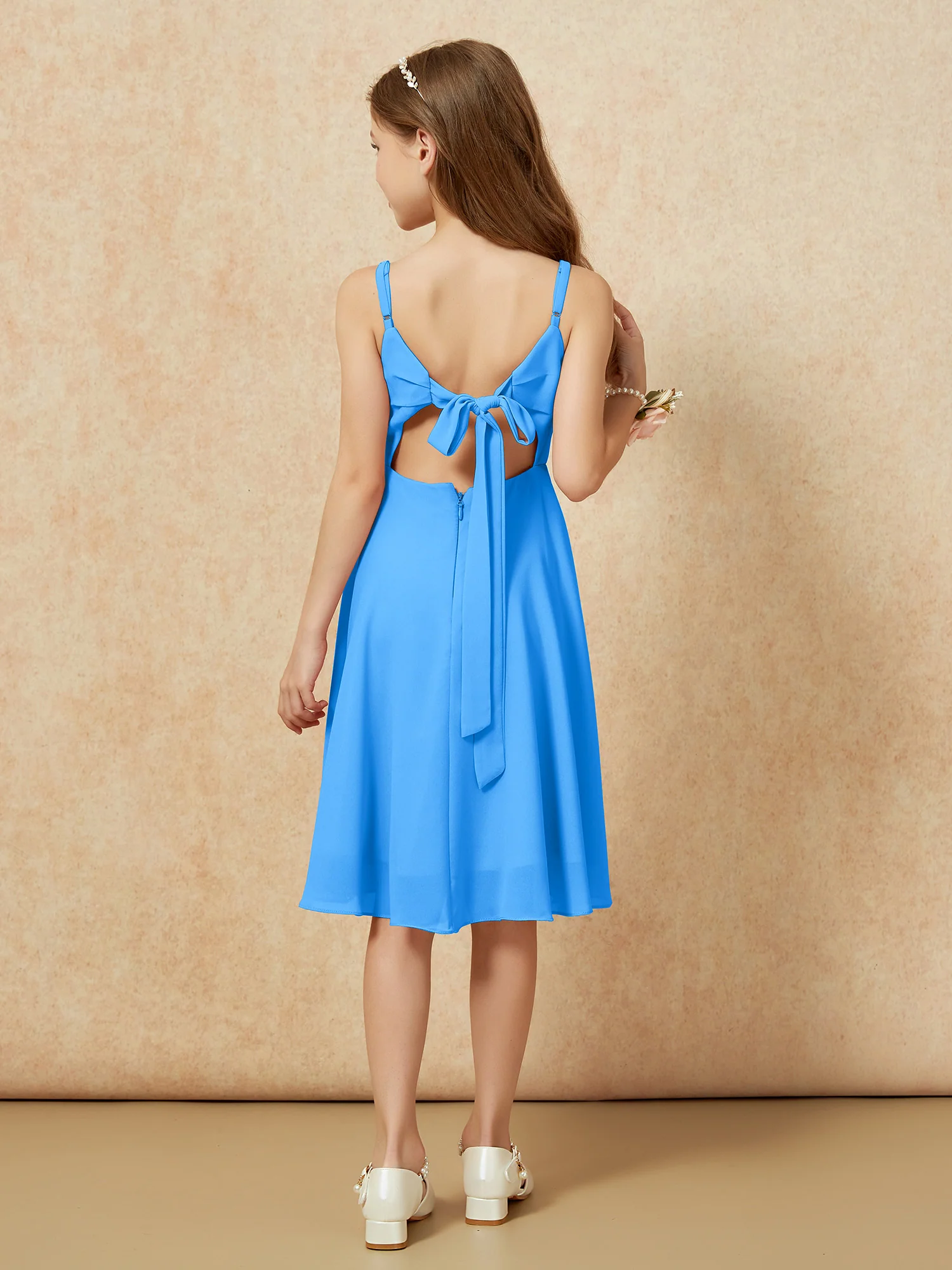 Square Neck Knee-length Junior Bridesmaid Dresses Ocean Blue - Image 2