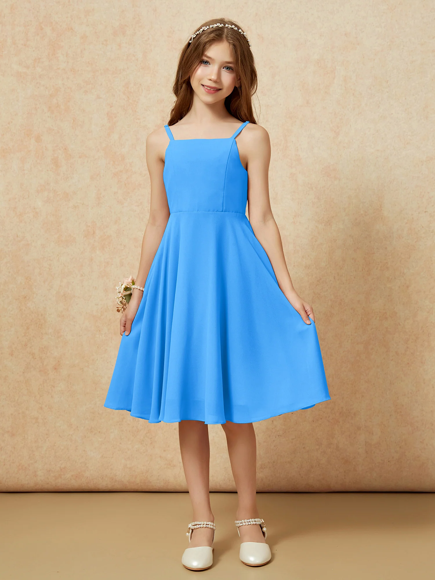 Square Neck Knee-length Junior Bridesmaid Dresses Ocean Blue - Image 3