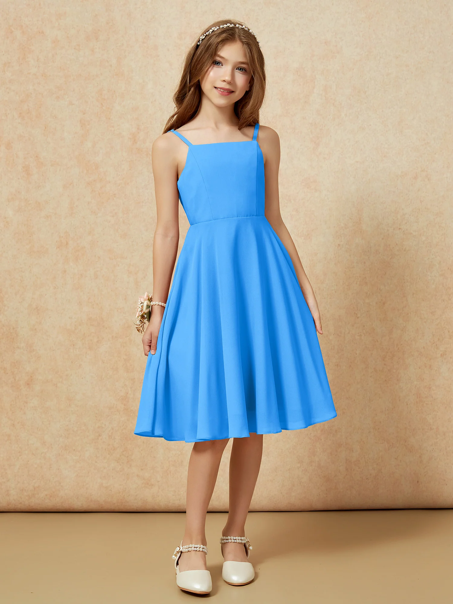 Square Neck Knee-length Junior Bridesmaid Dresses Ocean Blue - Image 6