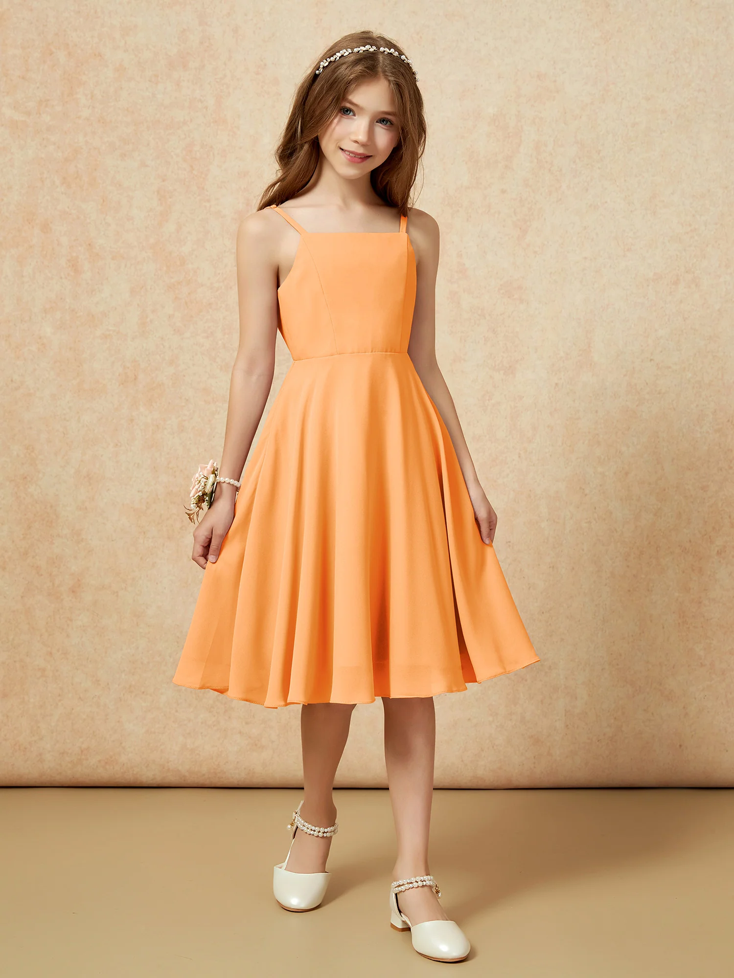 Square Neck Knee-length Junior Bridesmaid Dresses Orange