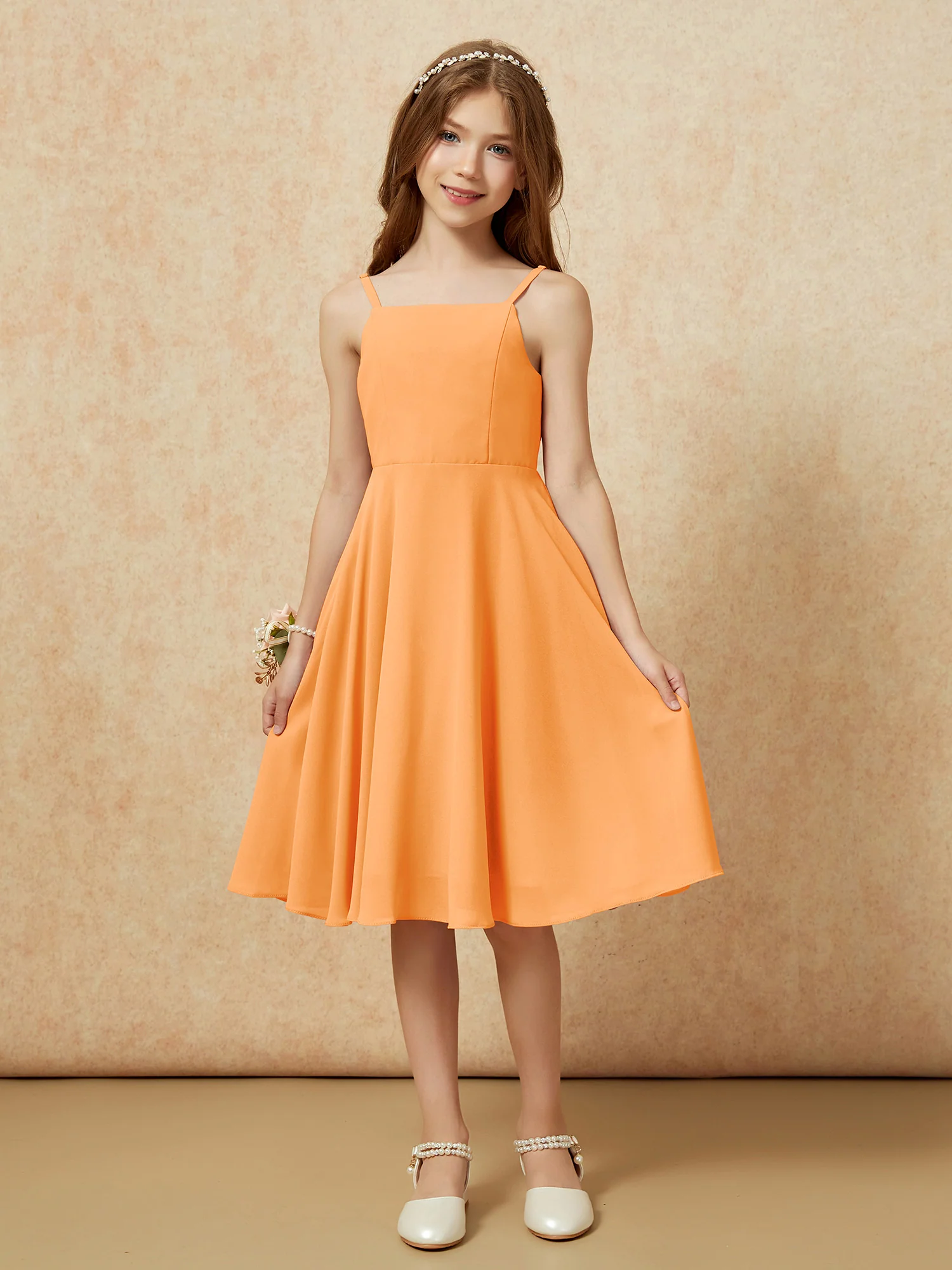 Square Neck Knee-length Junior Bridesmaid Dresses Orange - Image 3