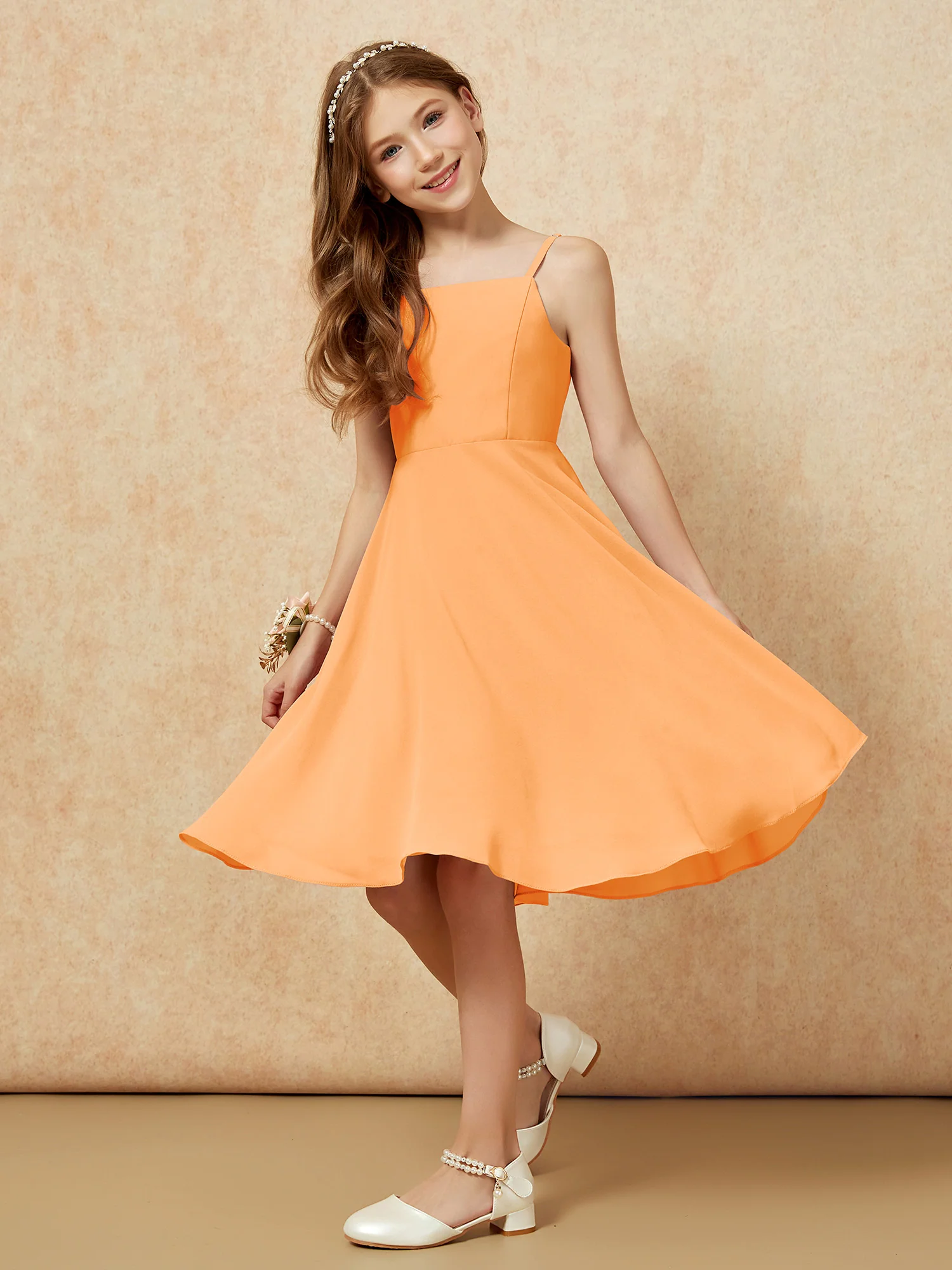Square Neck Knee-length Junior Bridesmaid Dresses Orange - Image 5