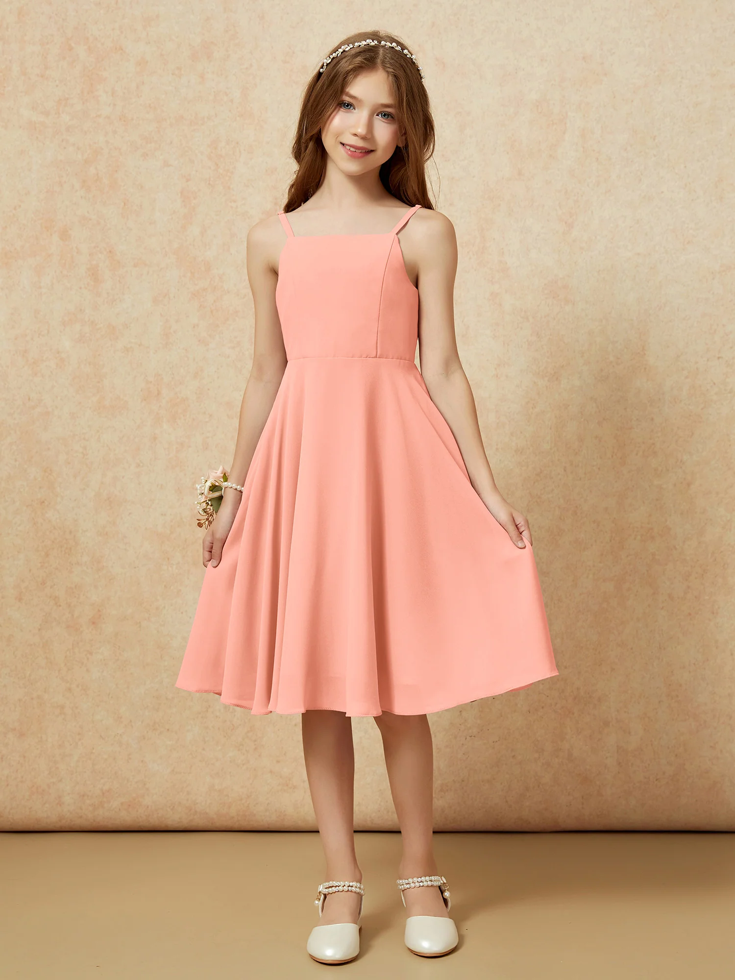 Square Neck Knee-length Junior Bridesmaid Dresses Papaya - Image 3