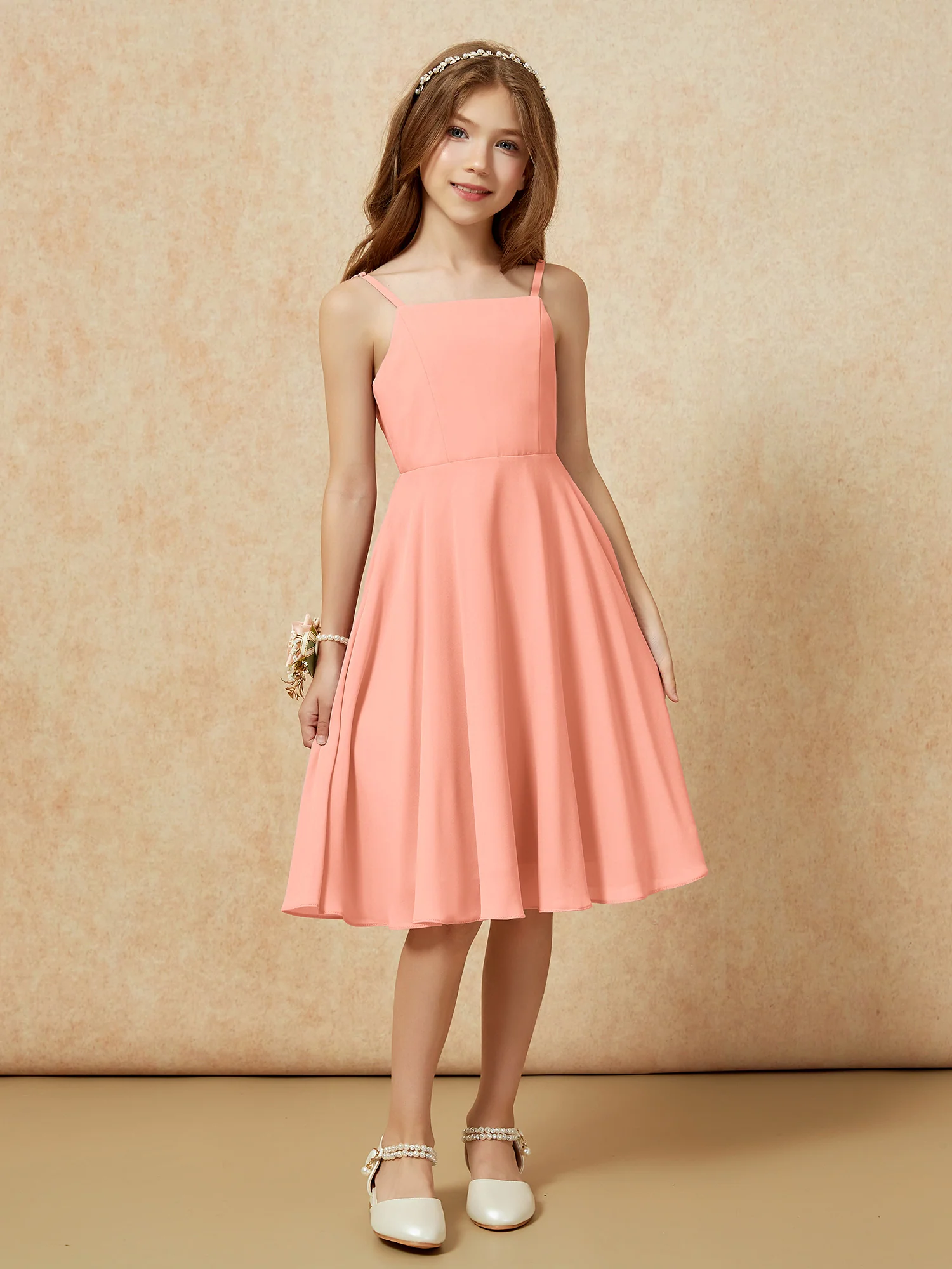 Square Neck Knee-length Junior Bridesmaid Dresses Papaya - Image 6
