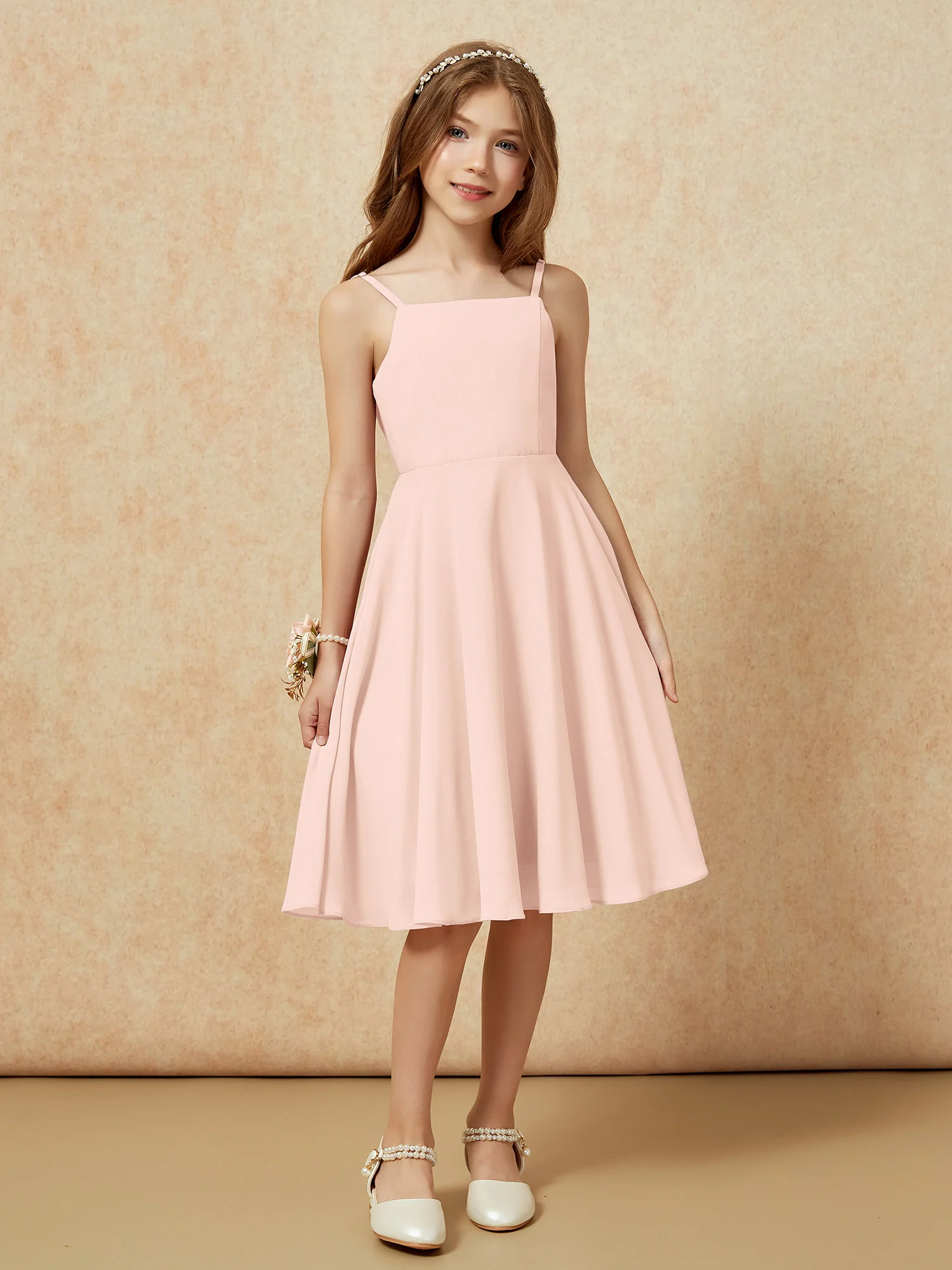 Square Neck Knee-length Junior Bridesmaid Dresses Pearl Pink - Image 6