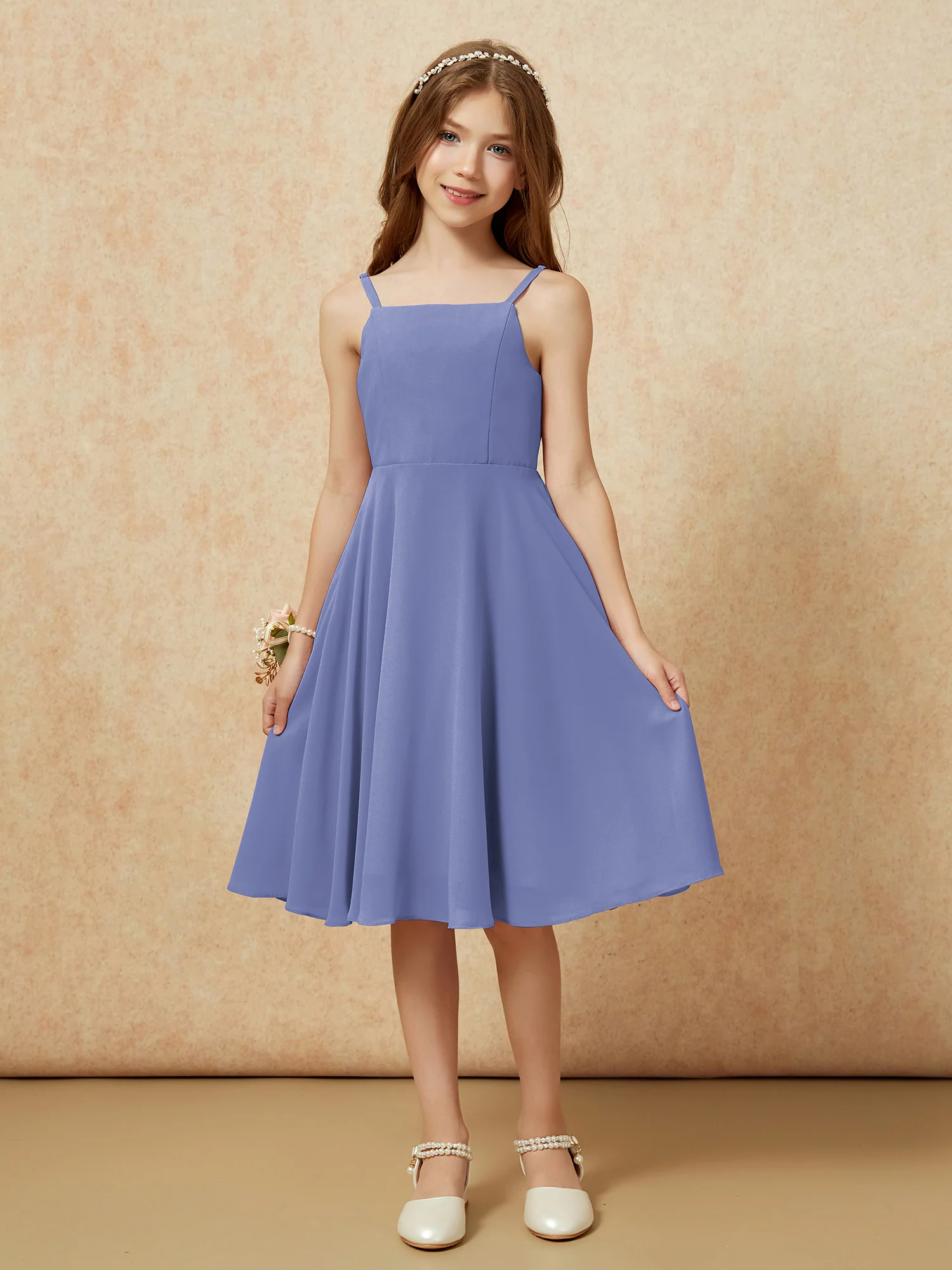 Square Neck Knee-length Junior Bridesmaid Dresses Periwinkle - Image 3