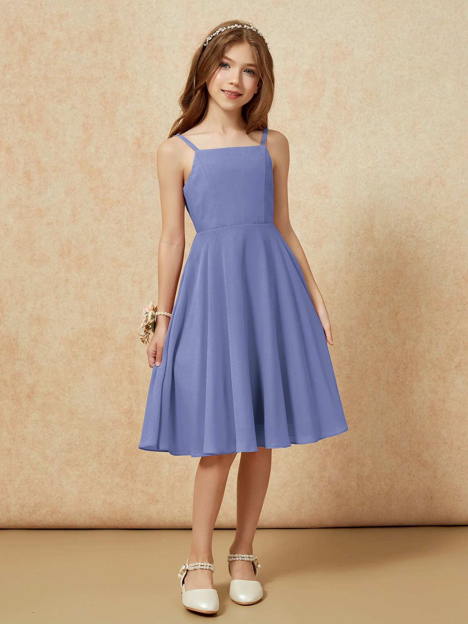 Square Neck Knee-length Junior Bridesmaid Dresses Periwinkle - Image 6