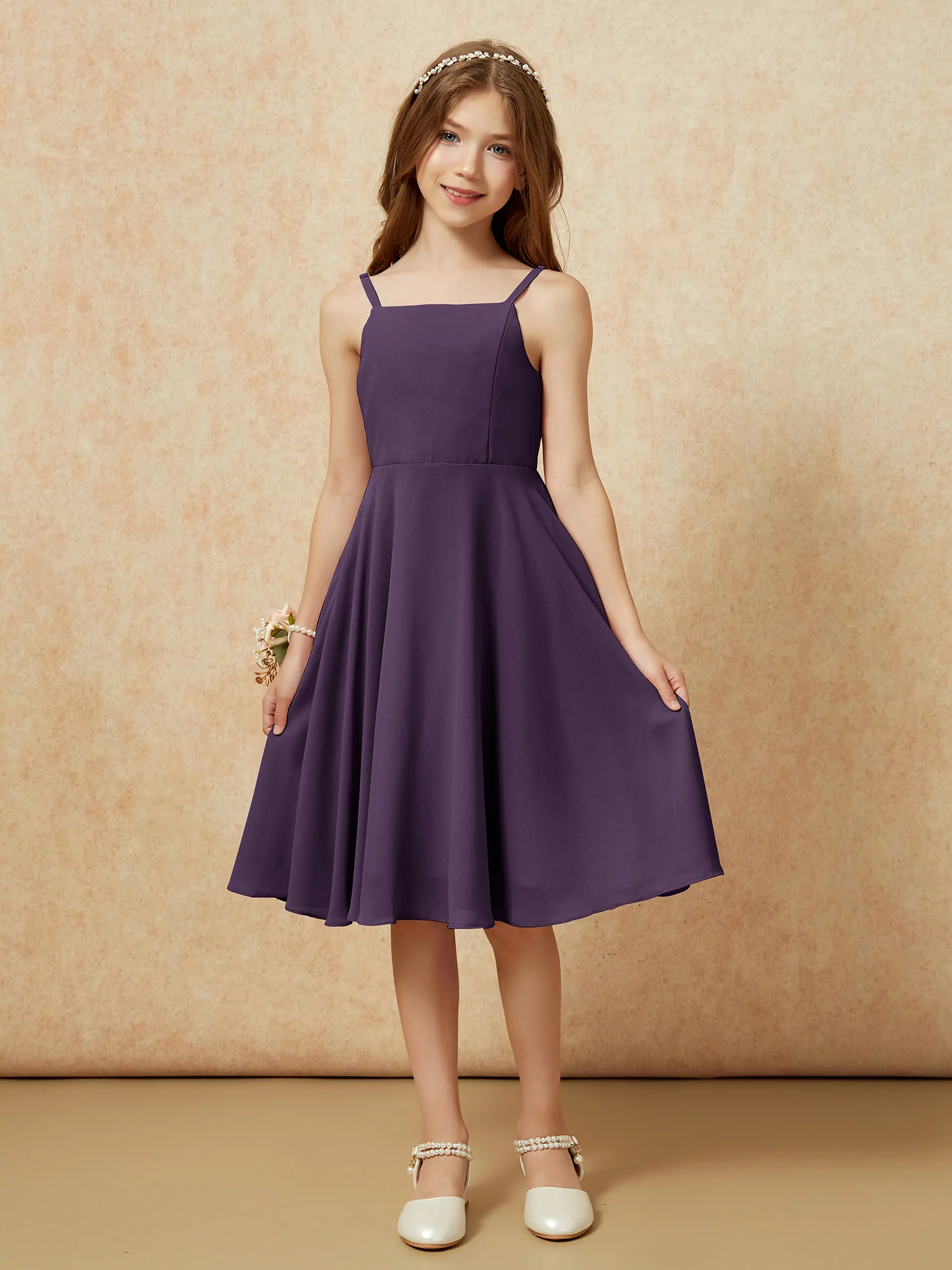 Square Neck Knee-length Junior Bridesmaid Dresses Plum - Image 3