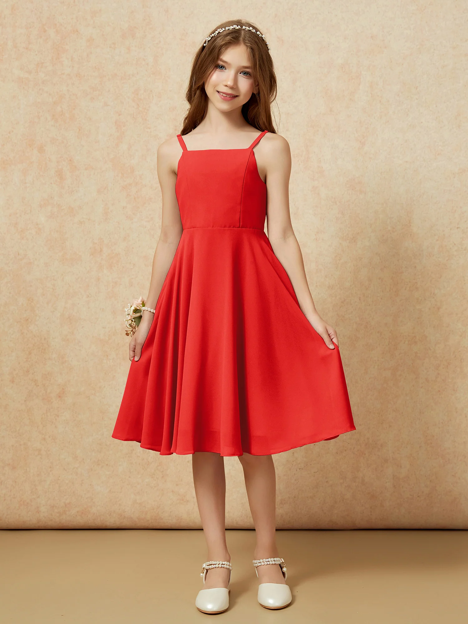 Square Neck Knee-length Junior Bridesmaid Dresses Red - Image 3
