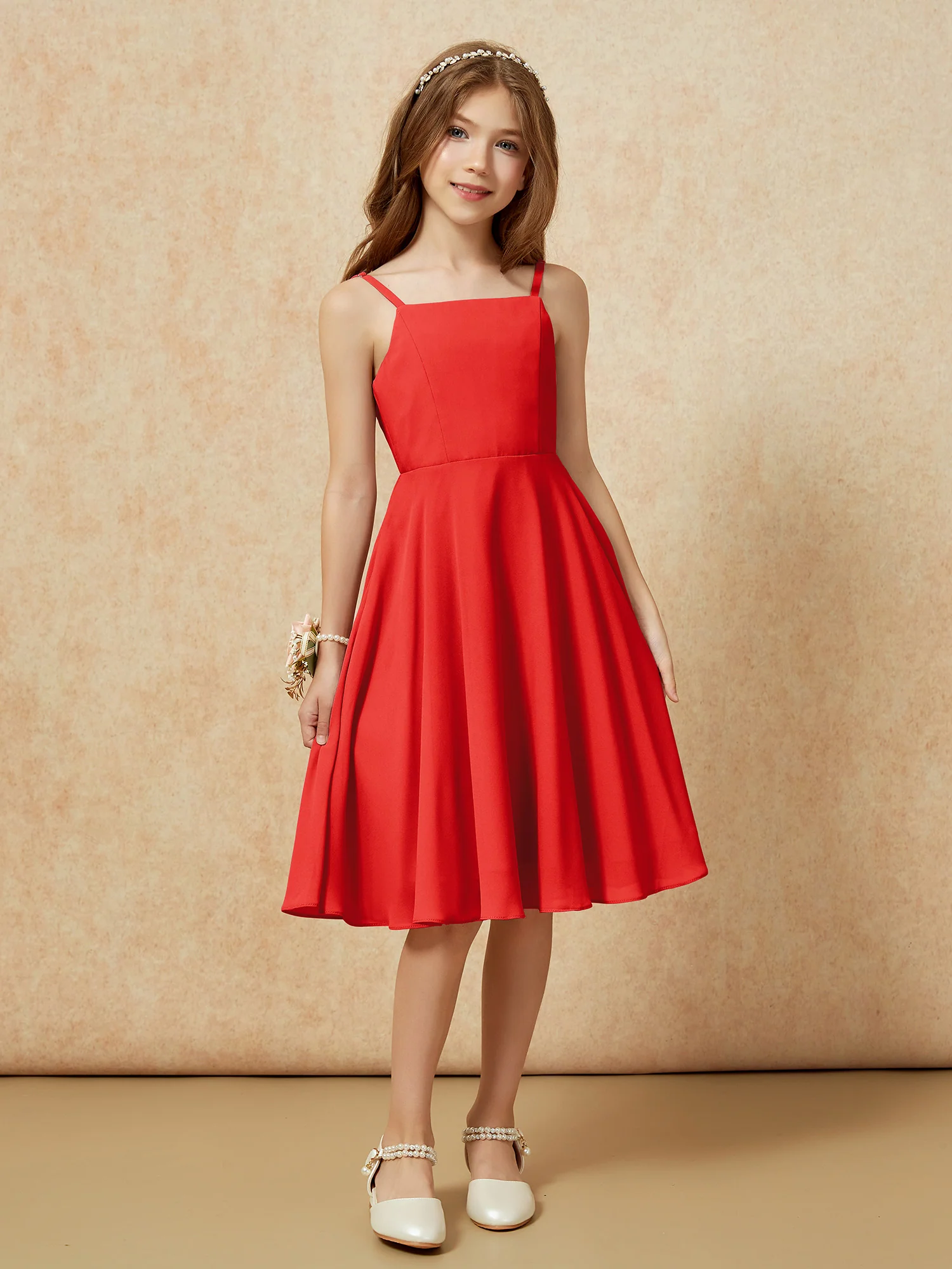 Square Neck Knee-length Junior Bridesmaid Dresses Red - Image 6