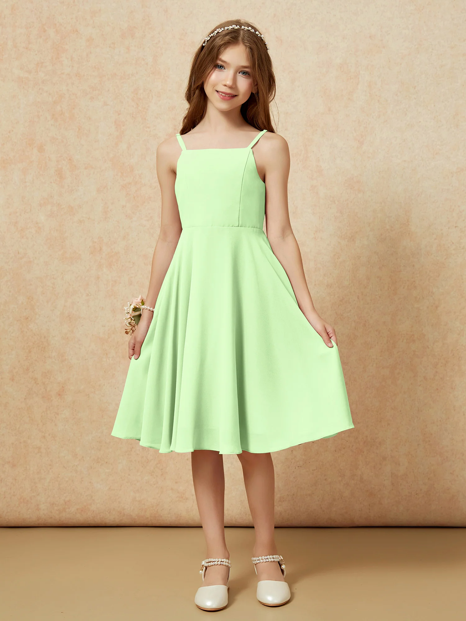 Square Neck Knee-length Junior Bridesmaid Dresses Sage - Image 3