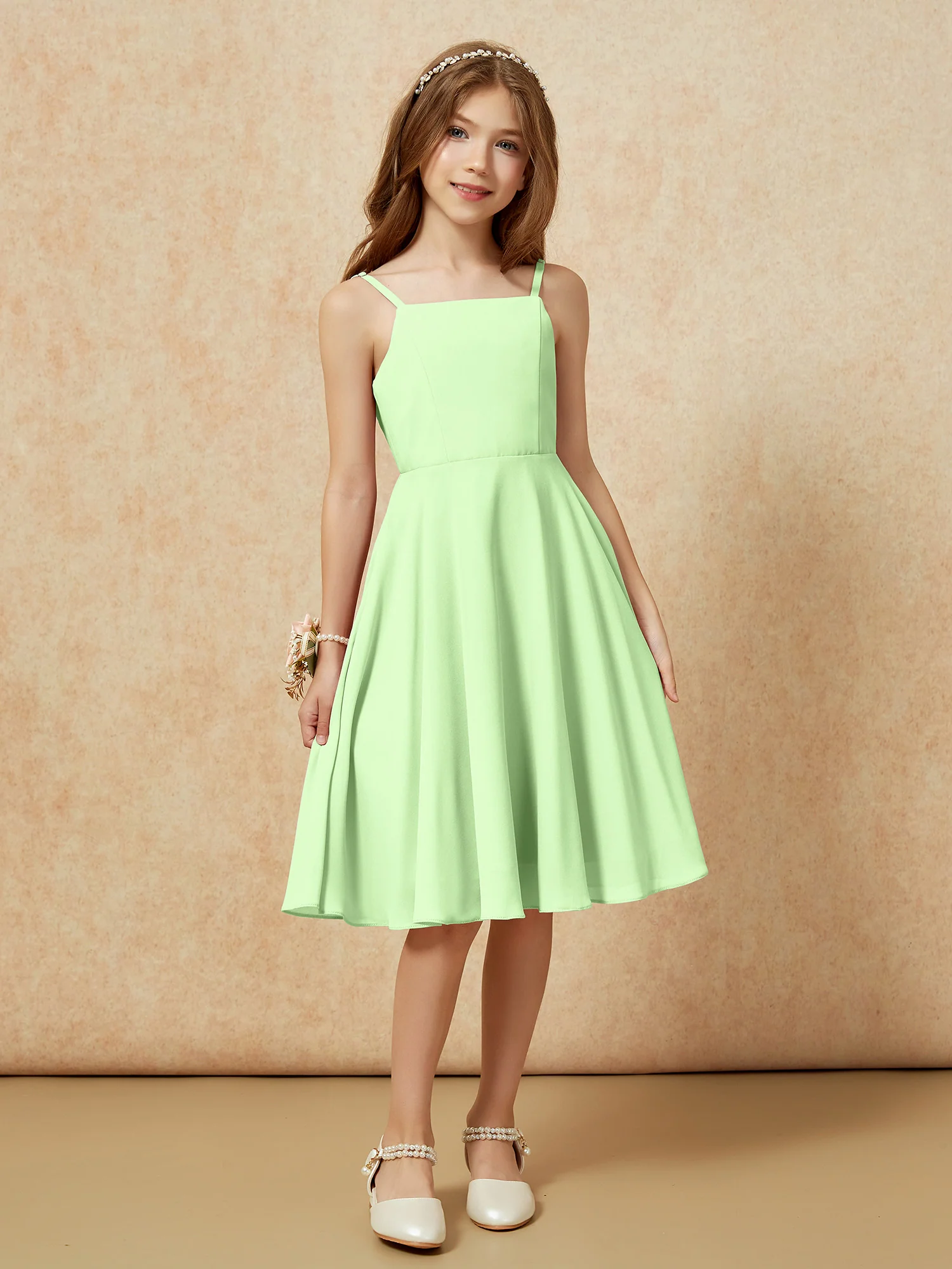 Square Neck Knee-length Junior Bridesmaid Dresses Sage - Image 6
