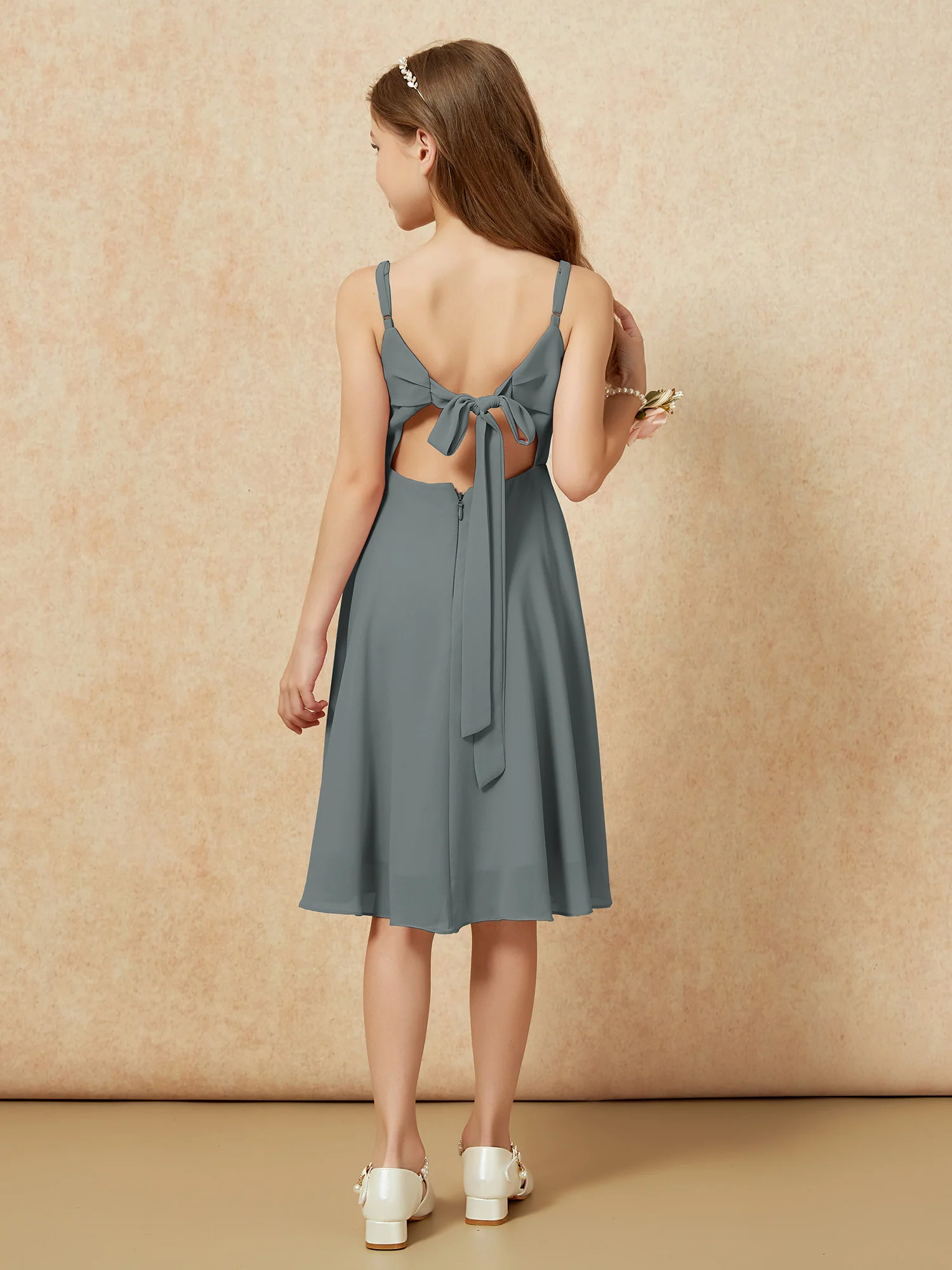 Square Neck Knee-length Junior Bridesmaid Dresses Steel Grey - Image 2