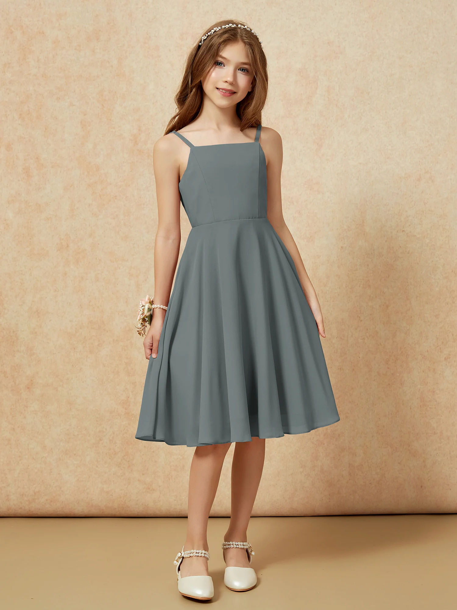 Square Neck Knee-length Junior Bridesmaid Dresses Steel Grey - Image 6