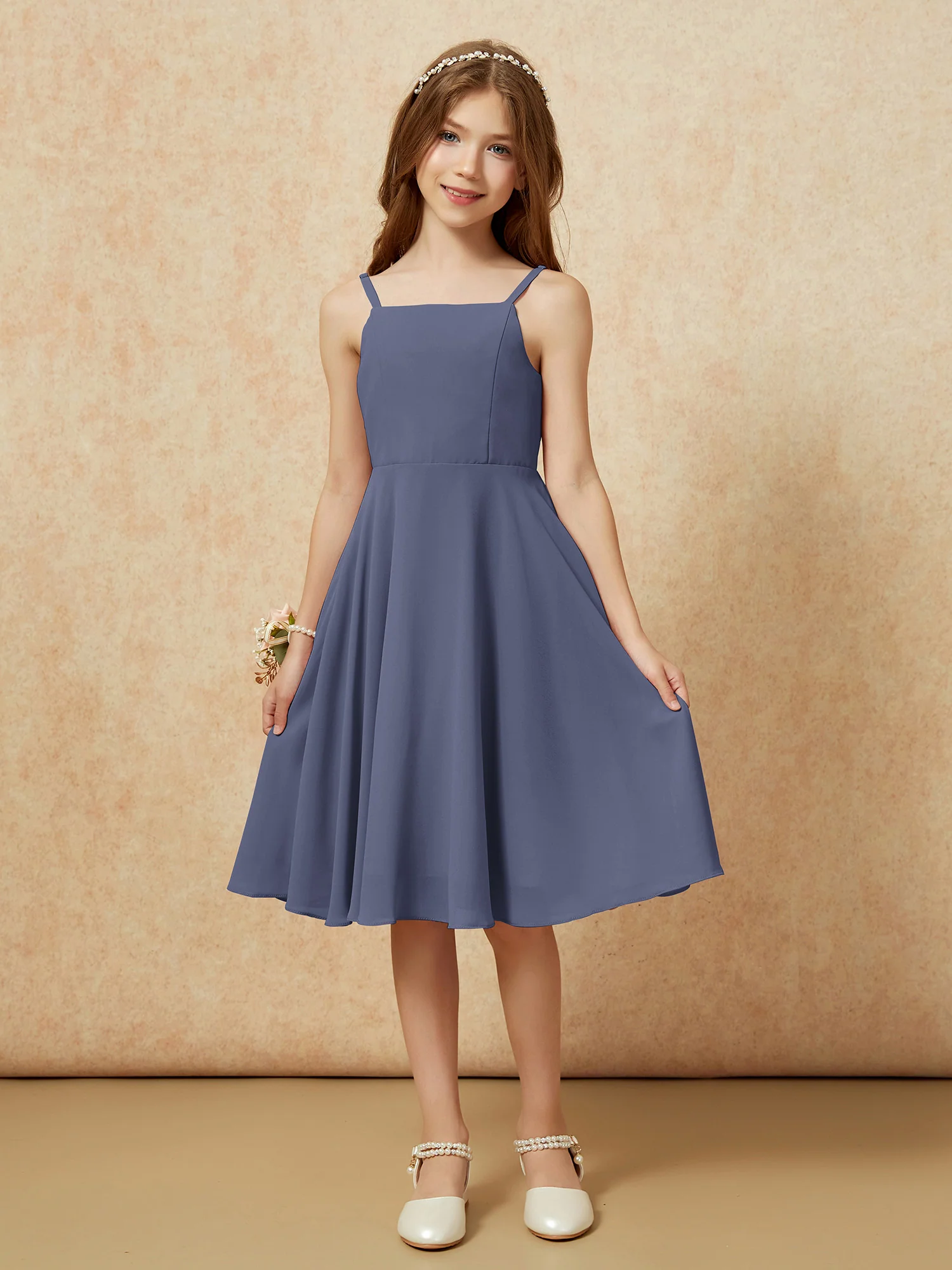 Square Neck Knee-length Junior Bridesmaid Dresses Stormy - Image 3