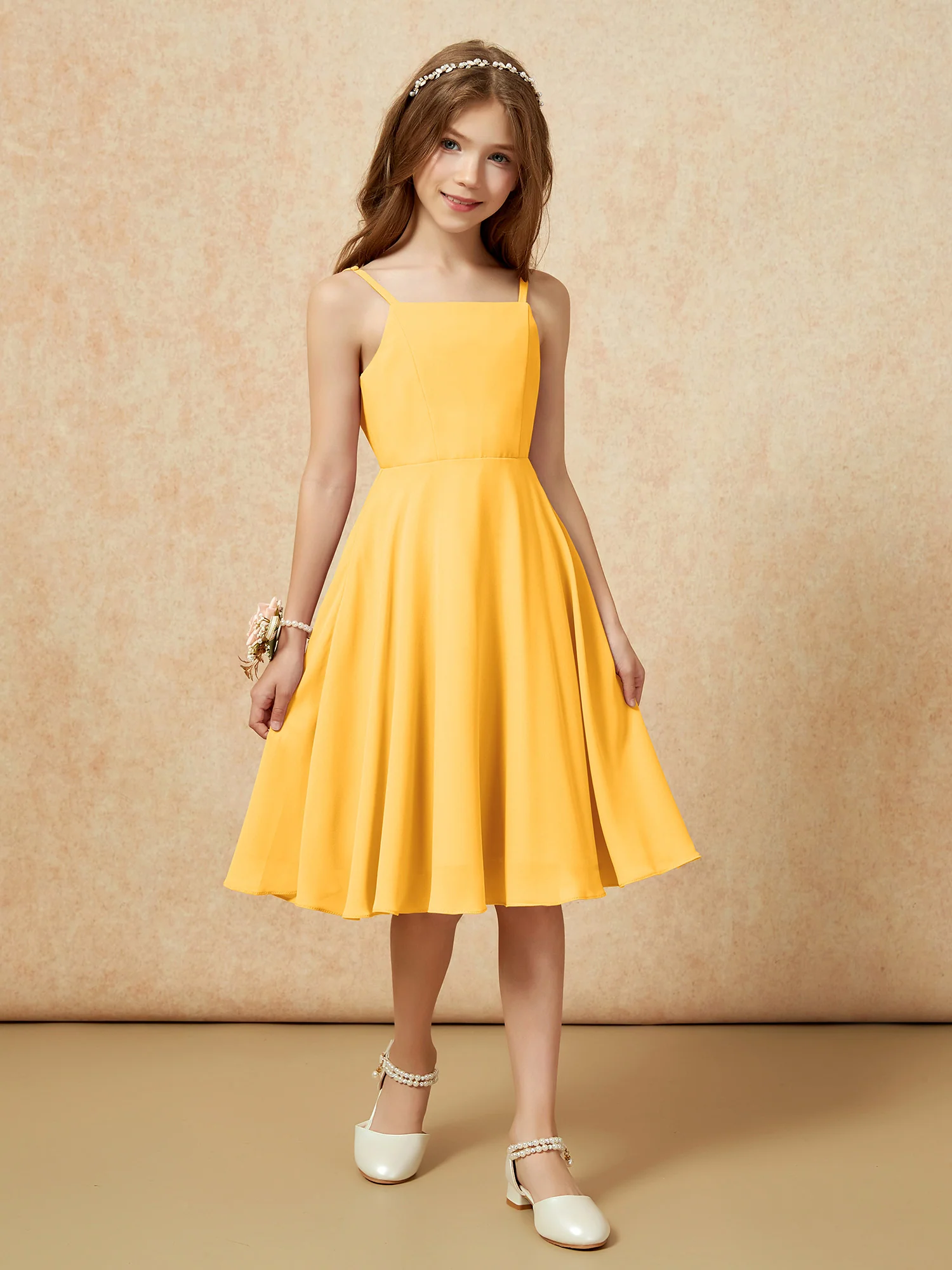 Square Neck Knee-length Junior Bridesmaid Dresses Tangerine