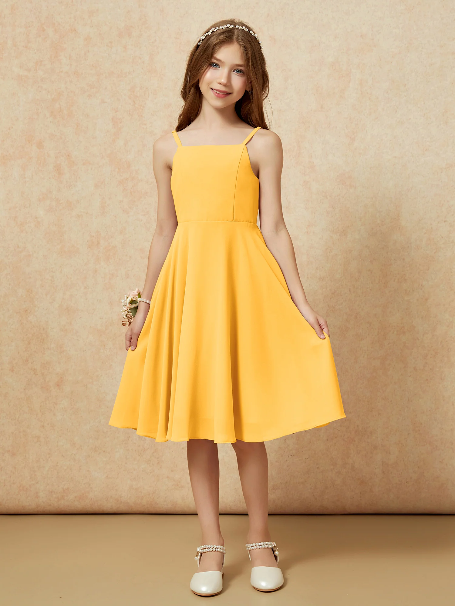 Square Neck Knee-length Junior Bridesmaid Dresses Tangerine - Image 3