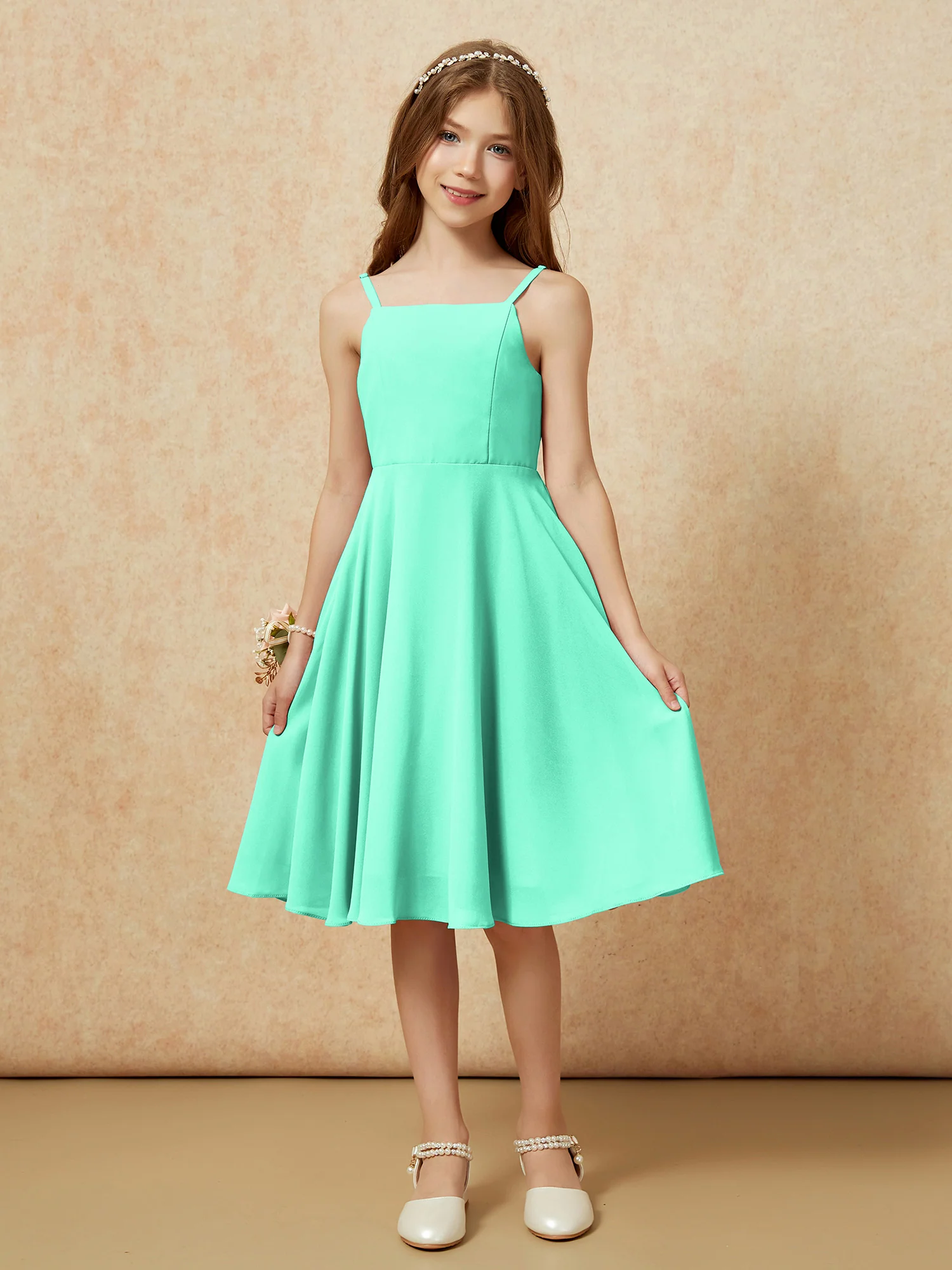 Square Neck Knee-length Junior Bridesmaid Dresses Turquoise - Image 3