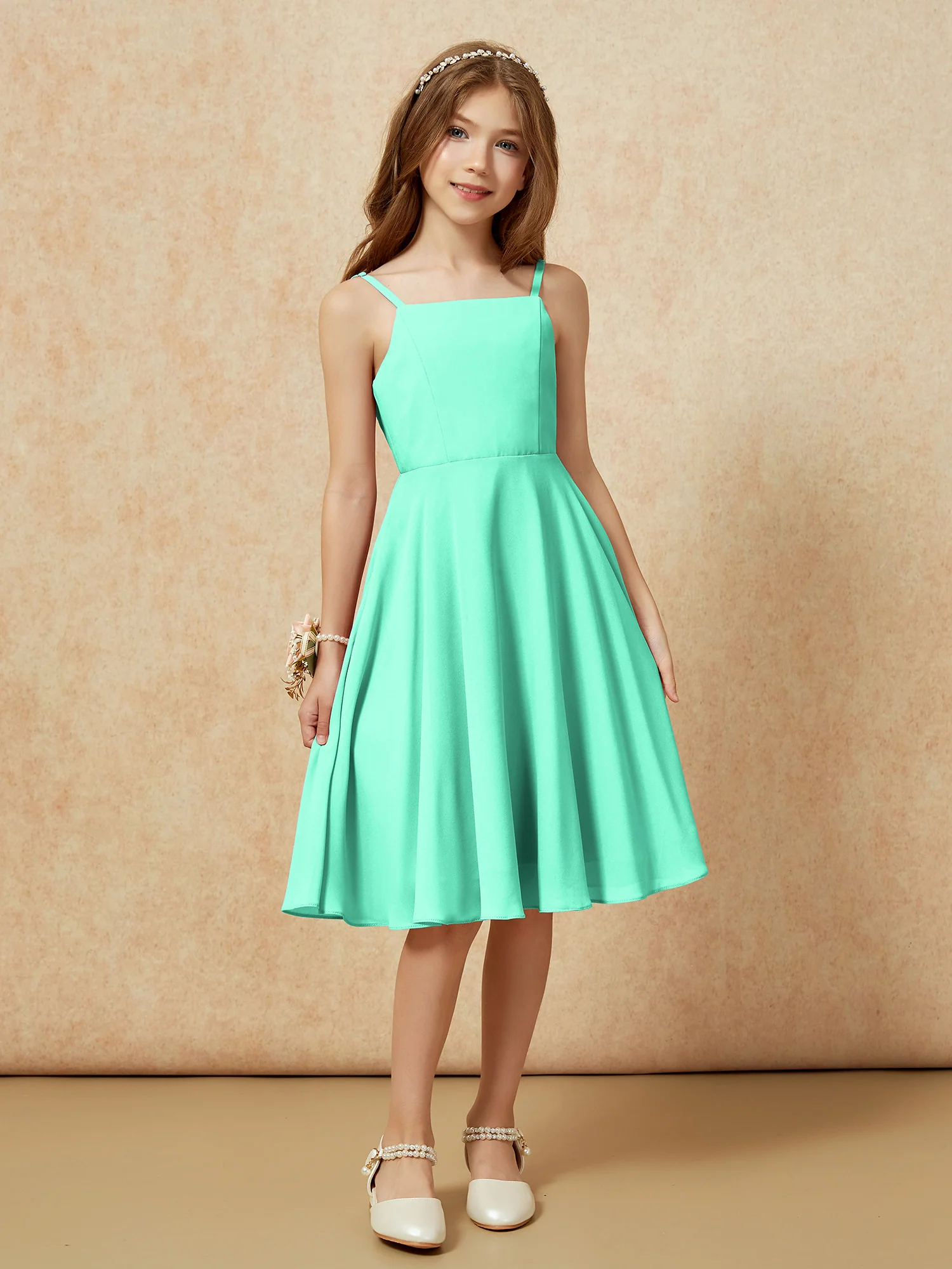 Square Neck Knee-length Junior Bridesmaid Dresses Turquoise - Image 6