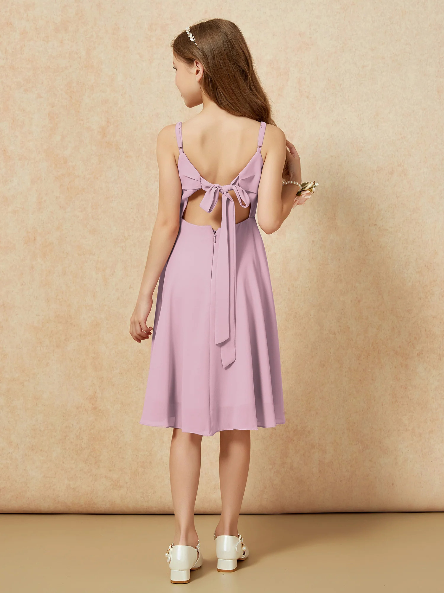 Square Neck Knee-length Junior Bridesmaid Dresses Vintage Mauve - Image 2