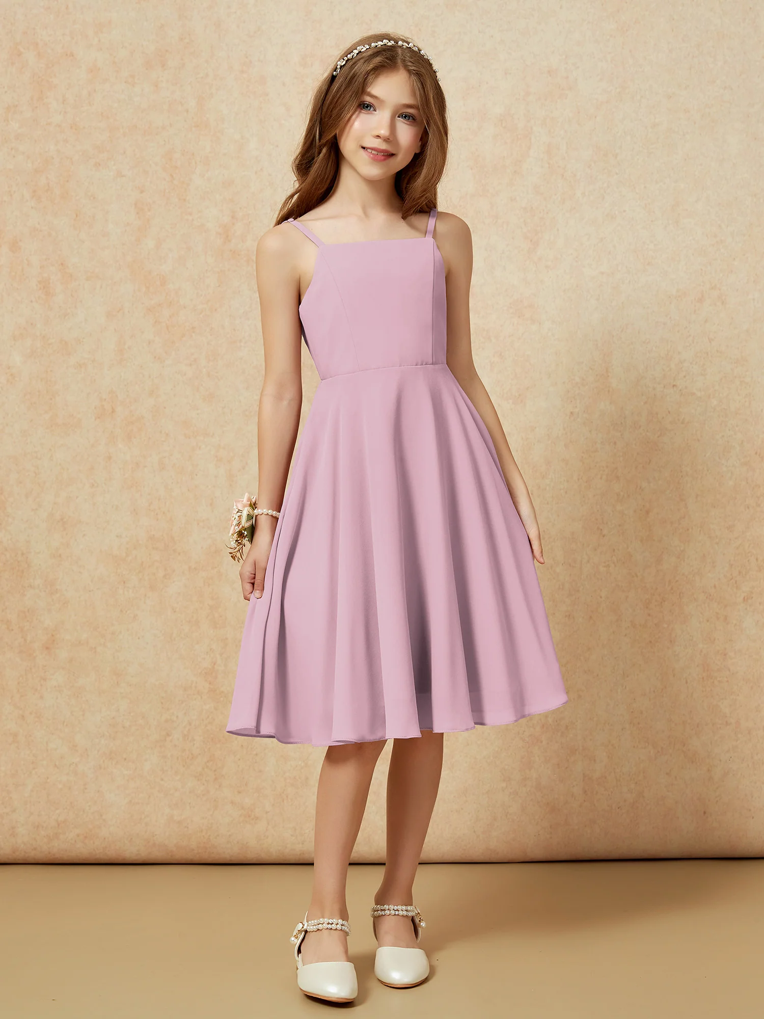 Square Neck Knee-length Junior Bridesmaid Dresses Vintage Mauve - Image 6