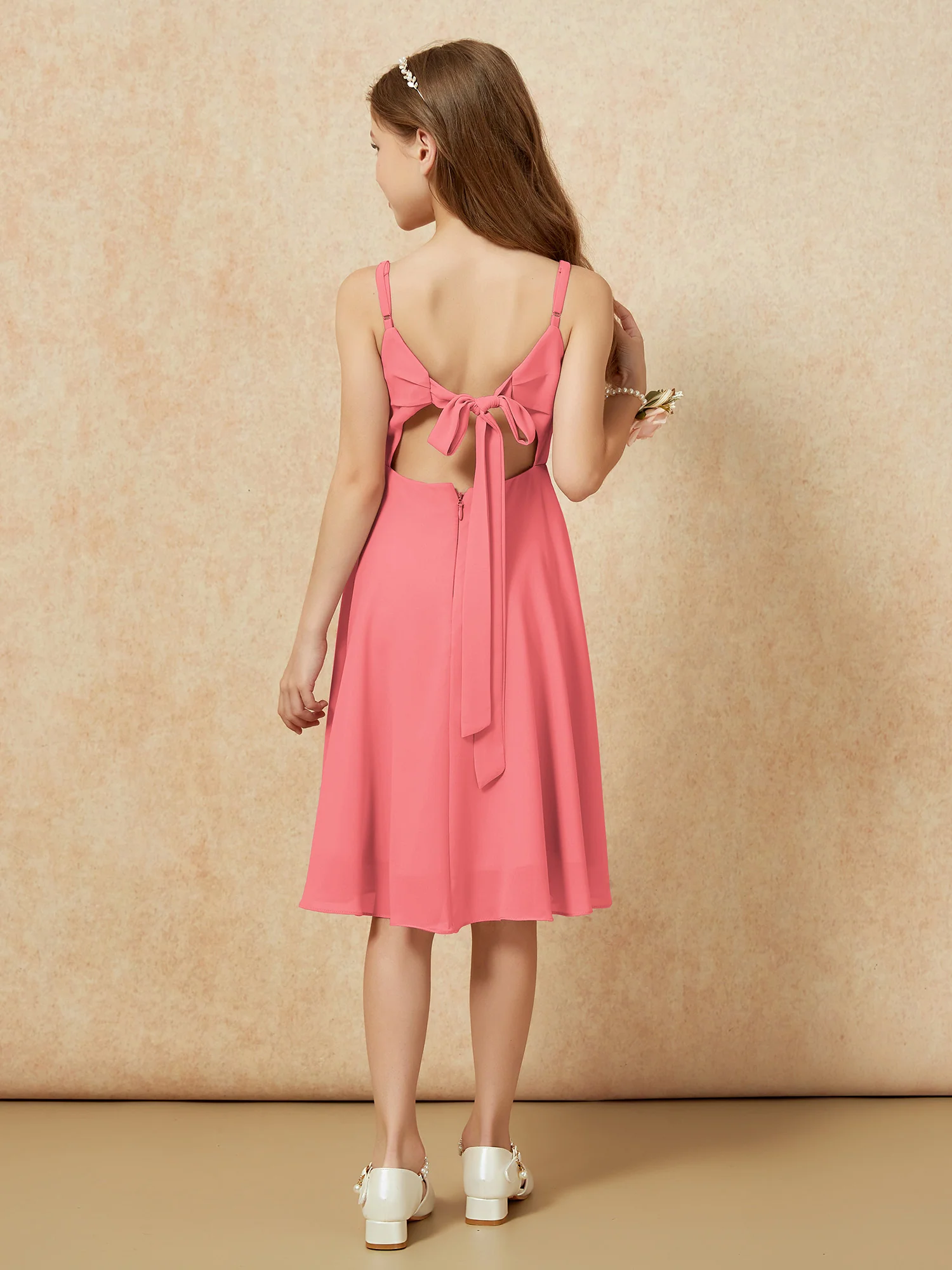 Square Neck Knee-length Junior Bridesmaid Dresses Watermelon - Image 2