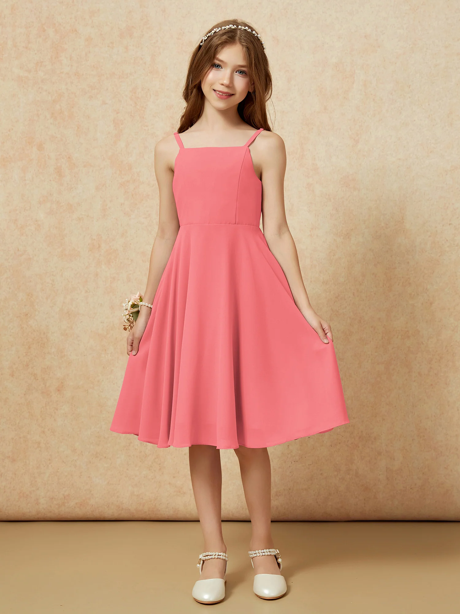 Square Neck Knee-length Junior Bridesmaid Dresses Watermelon - Image 3