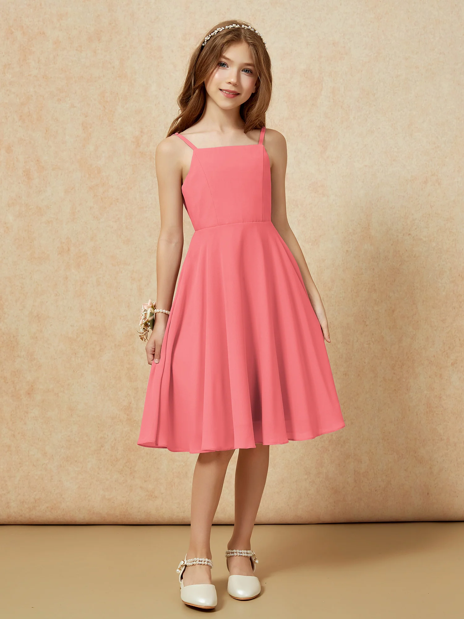 Square Neck Knee-length Junior Bridesmaid Dresses Watermelon - Image 6