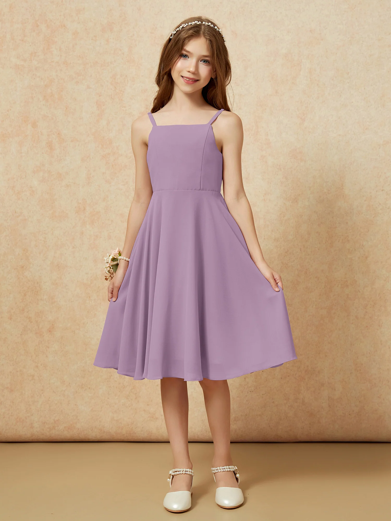 Square Neck Knee-length Junior Bridesmaid Dresses Wisteria - Image 3