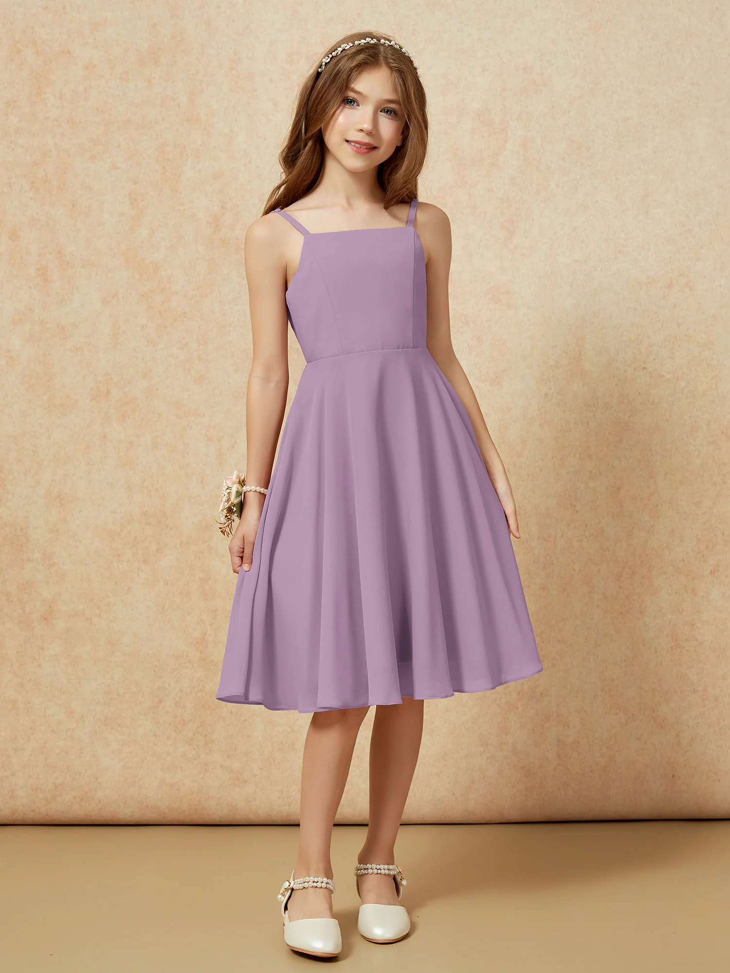 Square Neck Knee-length Junior Bridesmaid Dresses Wisteria - Image 6