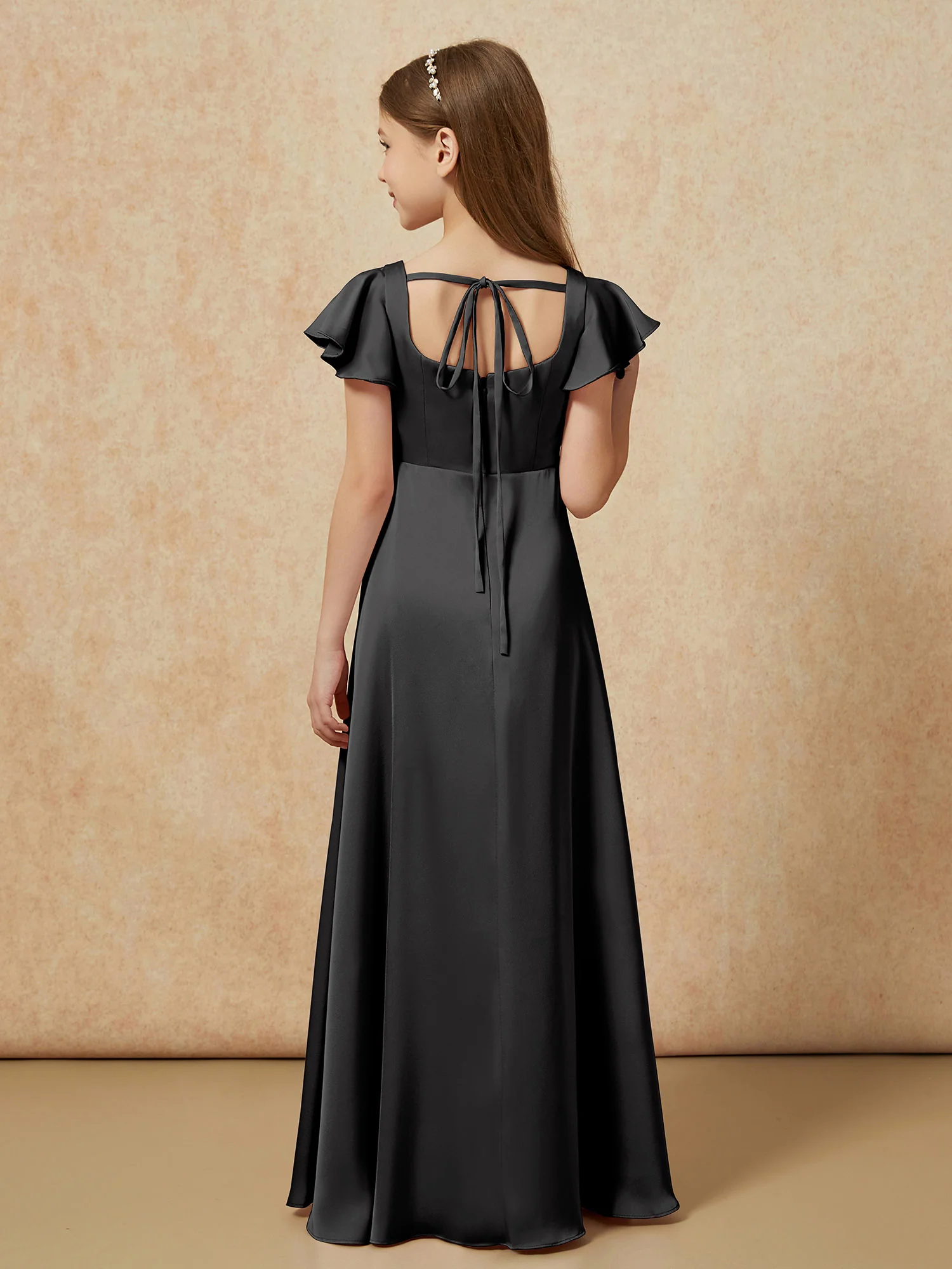 Square Neck Long Satin Junior Bridesmaid Dress Black - Image 2