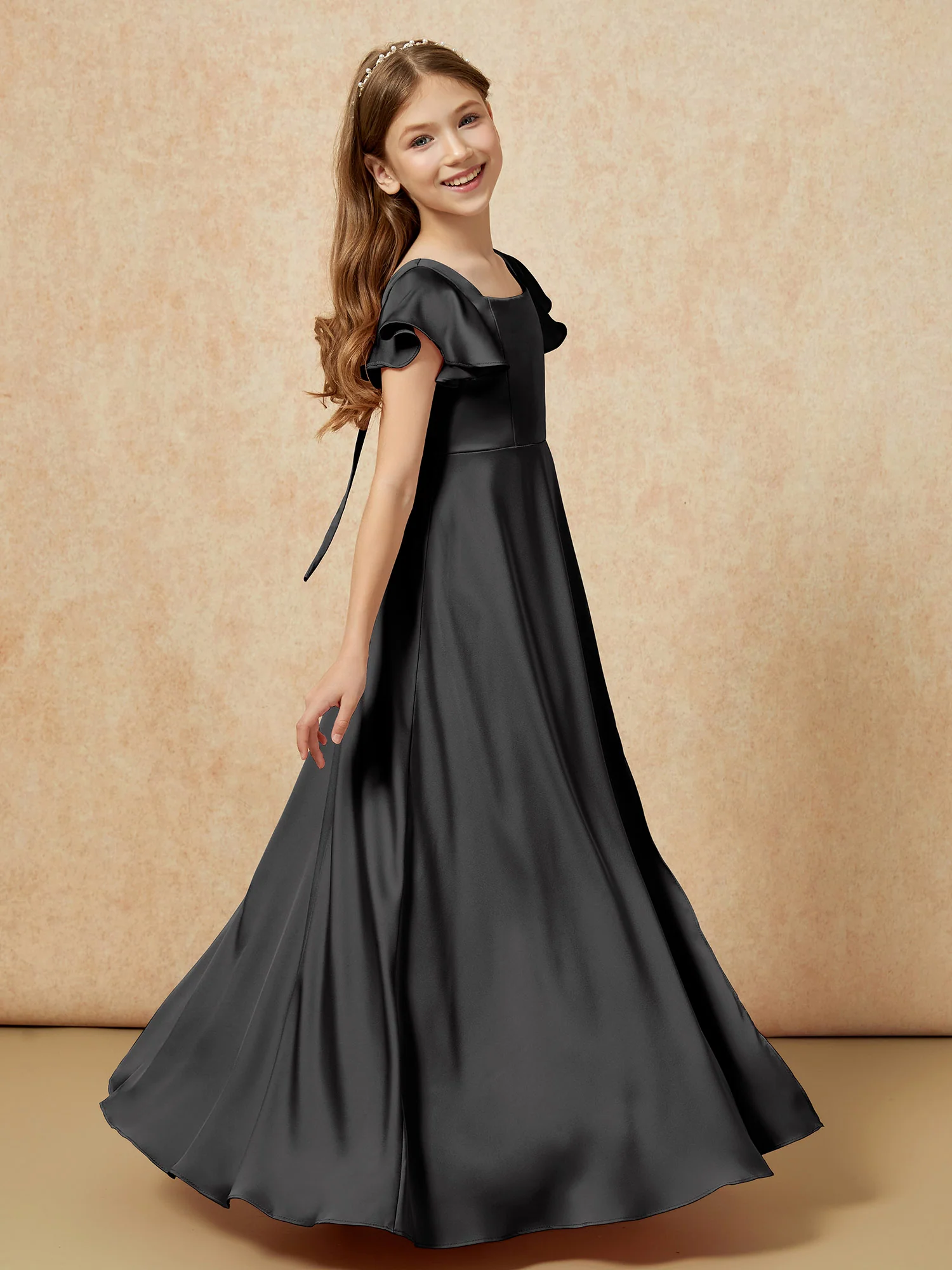 Square Neck Long Satin Junior Bridesmaid Dress Black - Image 3