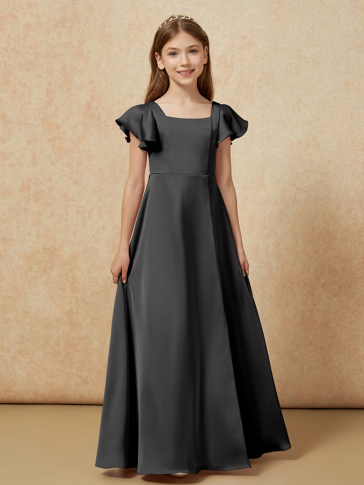 Square Neck Long Satin Junior Bridesmaid Dress Black - Image 4