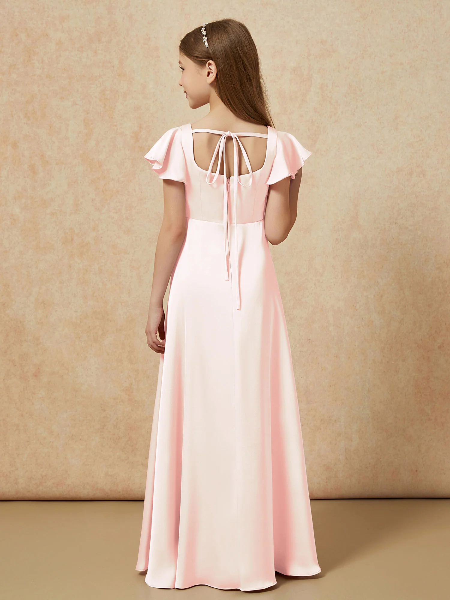 Square Neck Long Satin Junior Bridesmaid Dress Blushing Pink - Image 2